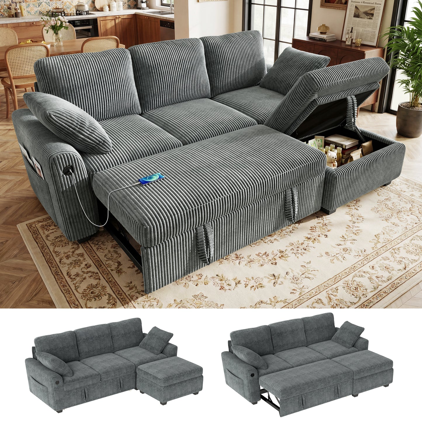 BedLuxury Modular Sectional Sleeper Sofa with Pull Out Bed, USB Charging, Couch for Living Room, Chenille