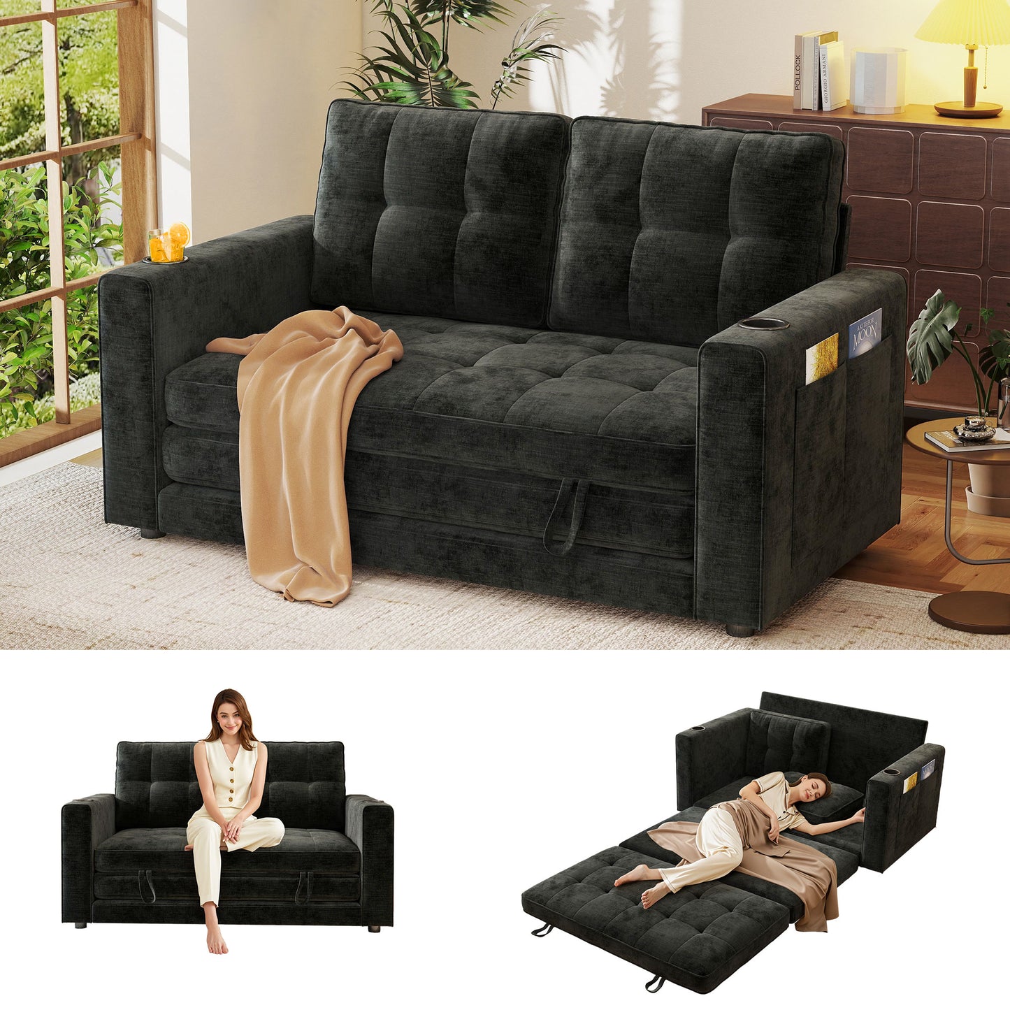 BedLuxury 55" Foldable Loveseat Futon Sofa Bed with Cup Holder & Storage Pocket, Sleeper Couch, Space Saving, Chenille