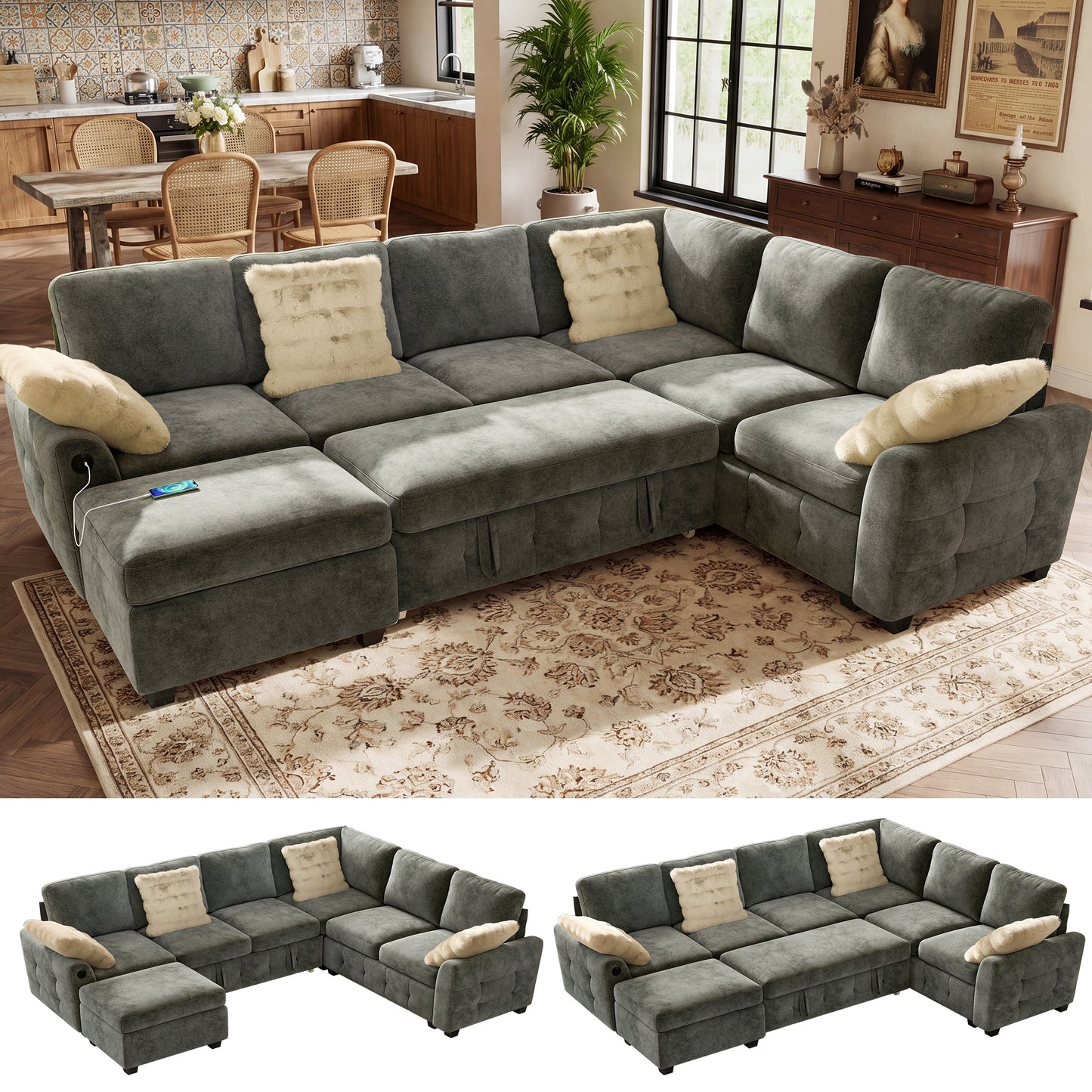 BedLuxury Modular Sectional Sleeper Sofa with Pull Out Bed, USB Charging, Couch for Living Room, Chenille