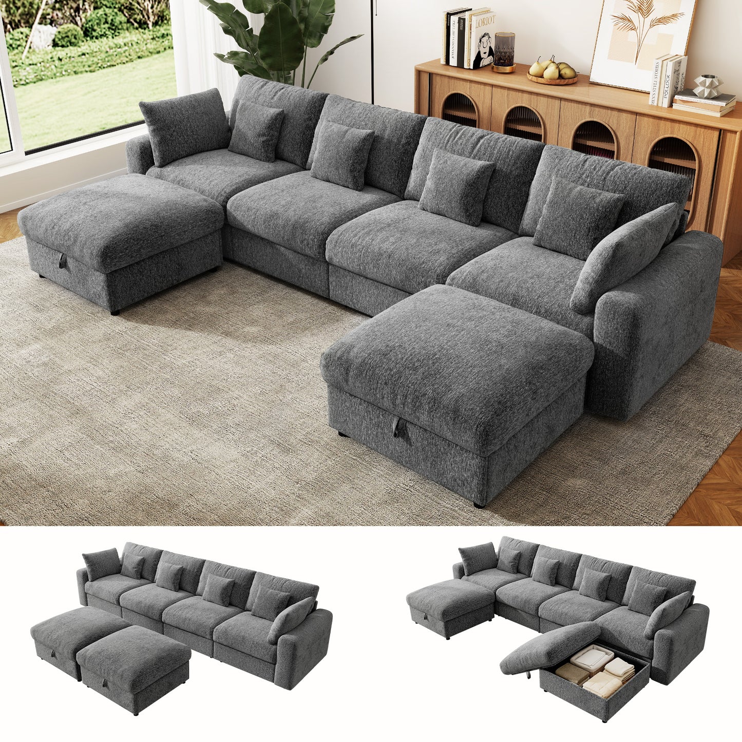 BedLuxury Large Modular Sectional Cloud Sofa with Removable Storage Ottoman, Extra Deep Seat Couch, Living Room Furniture