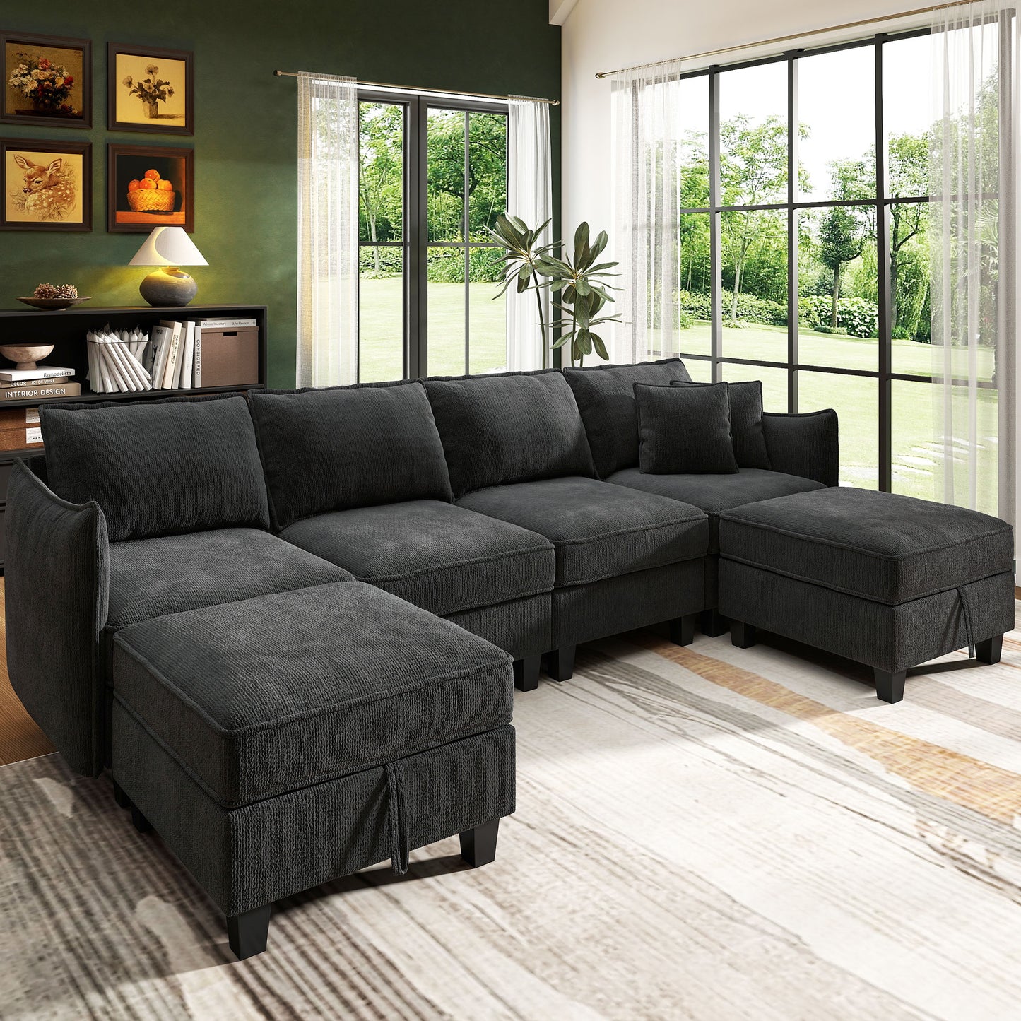 BedLuxury 84” Modular Sectional Sofa with Moveable Storage Ottoman, Cloud Couch Seats 4, Modern Living Room Furniture, Chenille Black