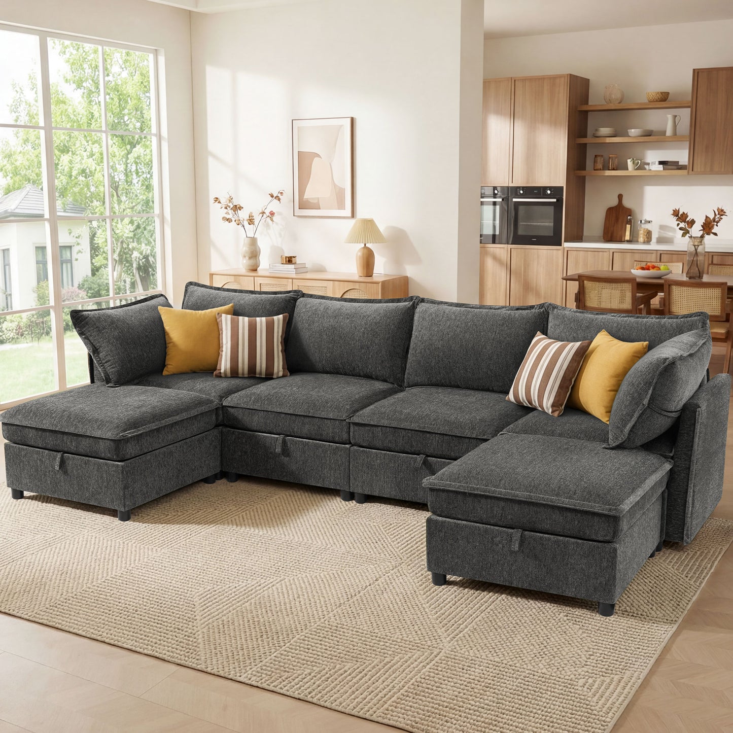 BedLuxury Modular Sectional Sofa with Storage, Modern Sofa Couch with Movable Ottoman for Living room, Office