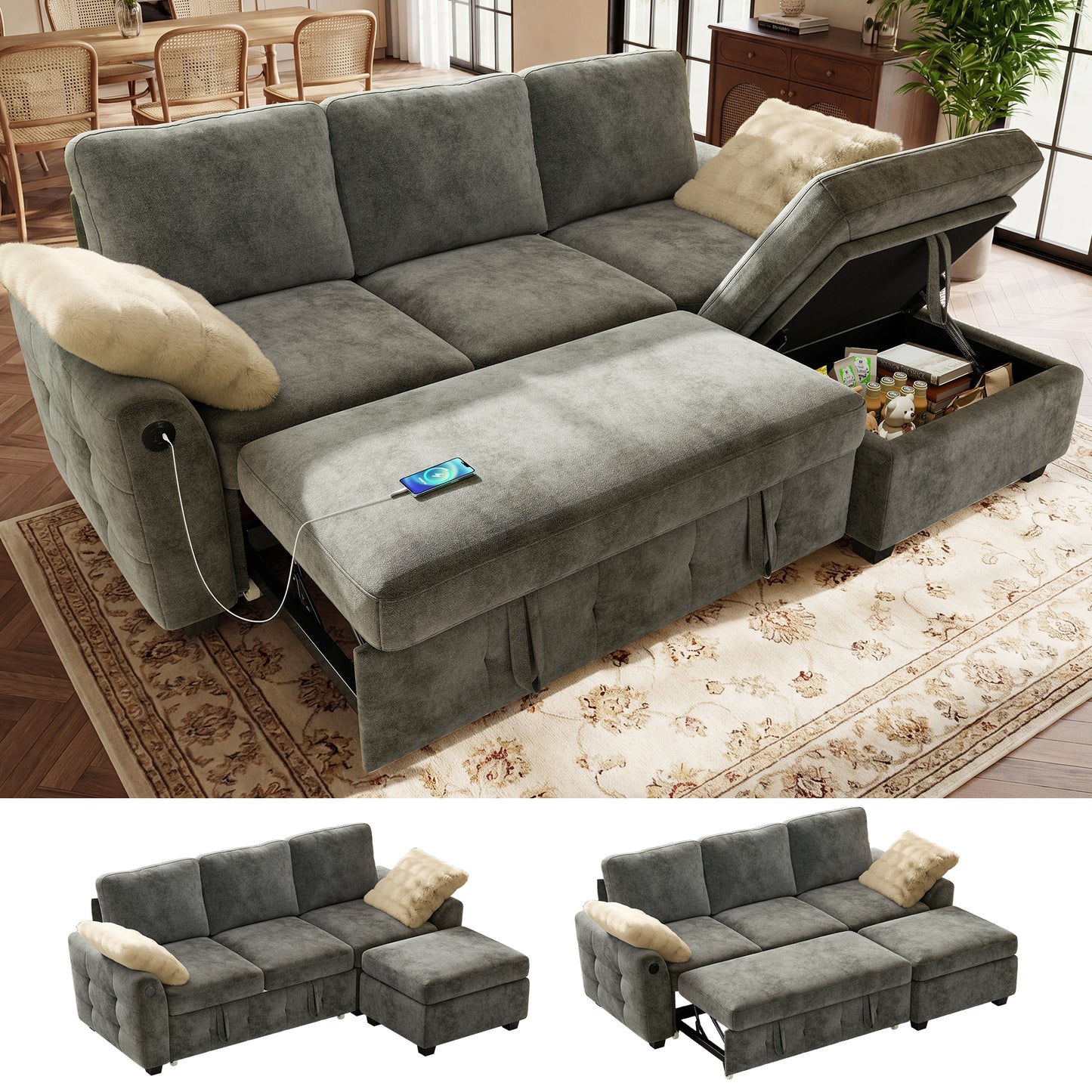BedLuxury Modular Sectional Sleeper Sofa with Pull Out Bed, USB Charging, Couch for Living Room, Chenille