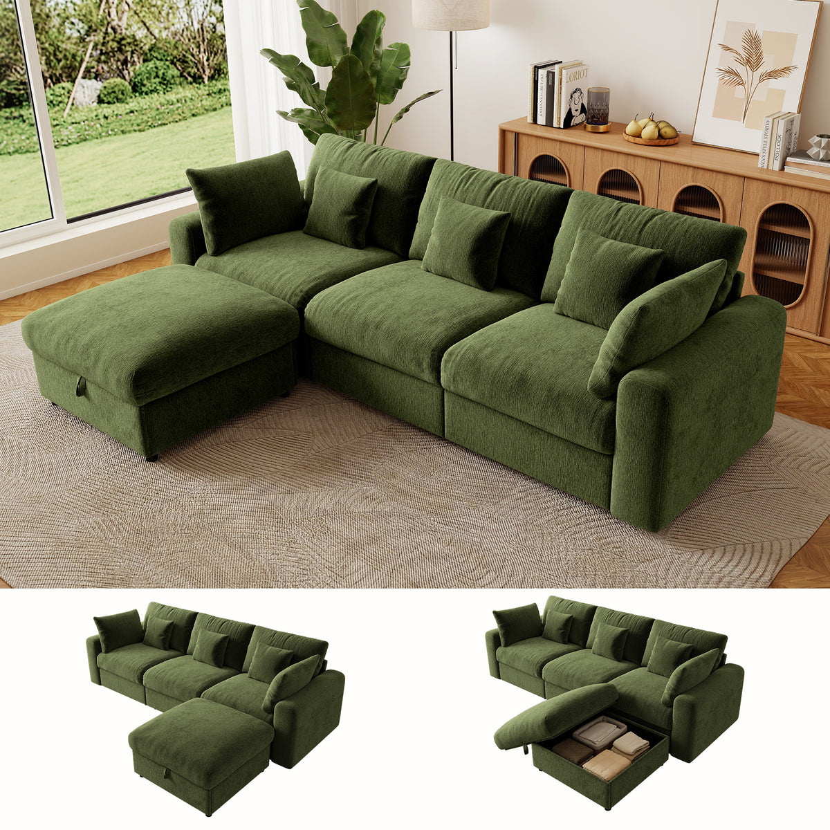 BedLuxury Large Modular Sectional Cloud Sofa with Removable Storage Ottoman, Extra Deep Seat Couch, Living Room Furniture