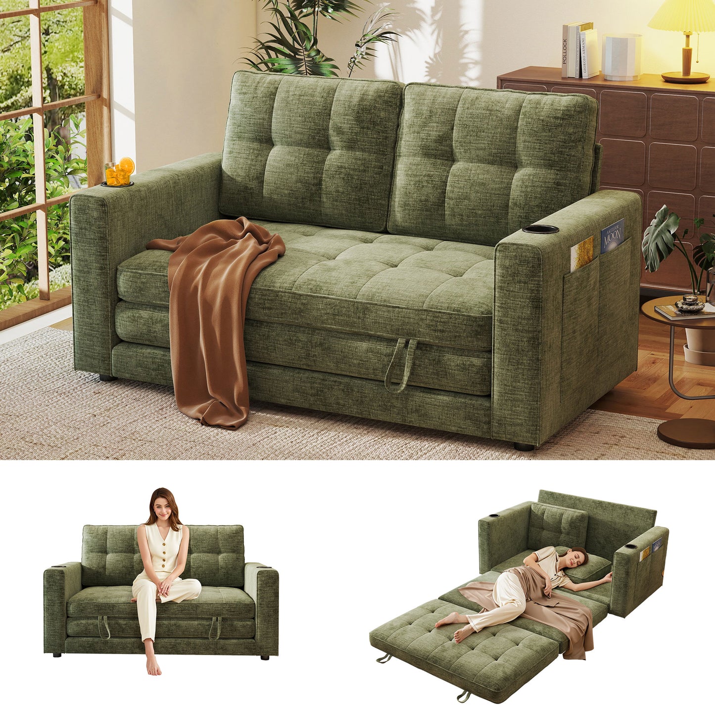 BedLuxury 55" Foldable Loveseat Futon Sofa Bed with Cup Holder & Storage Pocket, Sleeper Couch, Space Saving, Chenille