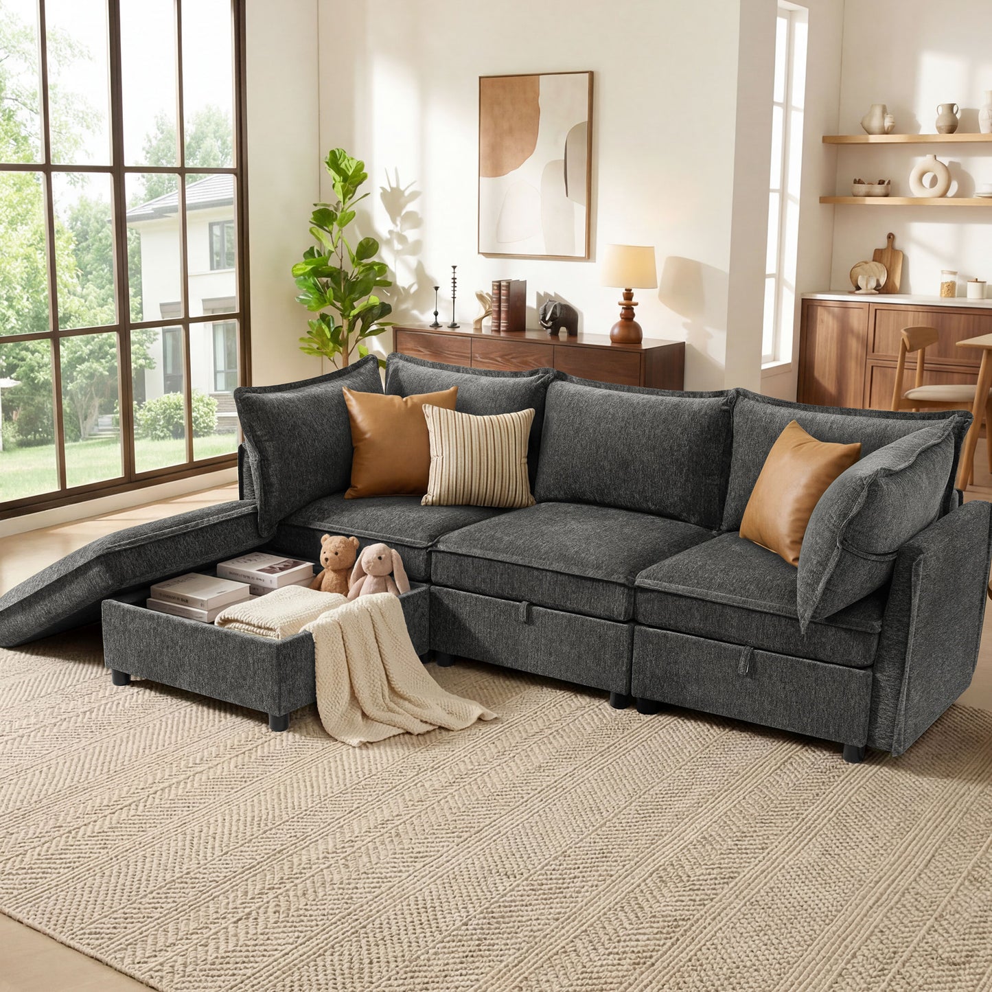 BedLuxury Modular Sectional Sofa with Storage, Modern Sofa Couch with Movable Ottoman for Living room, Office