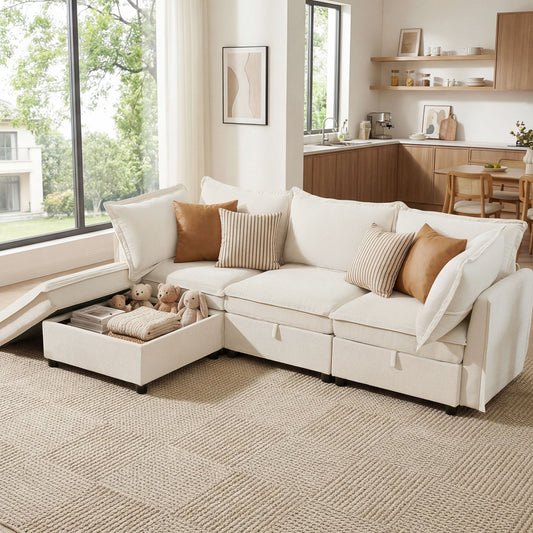 BedLuxury Modular Sectional Sofa with Storage, Modern Sofa Couch with Movable Ottoman for Living room, Office