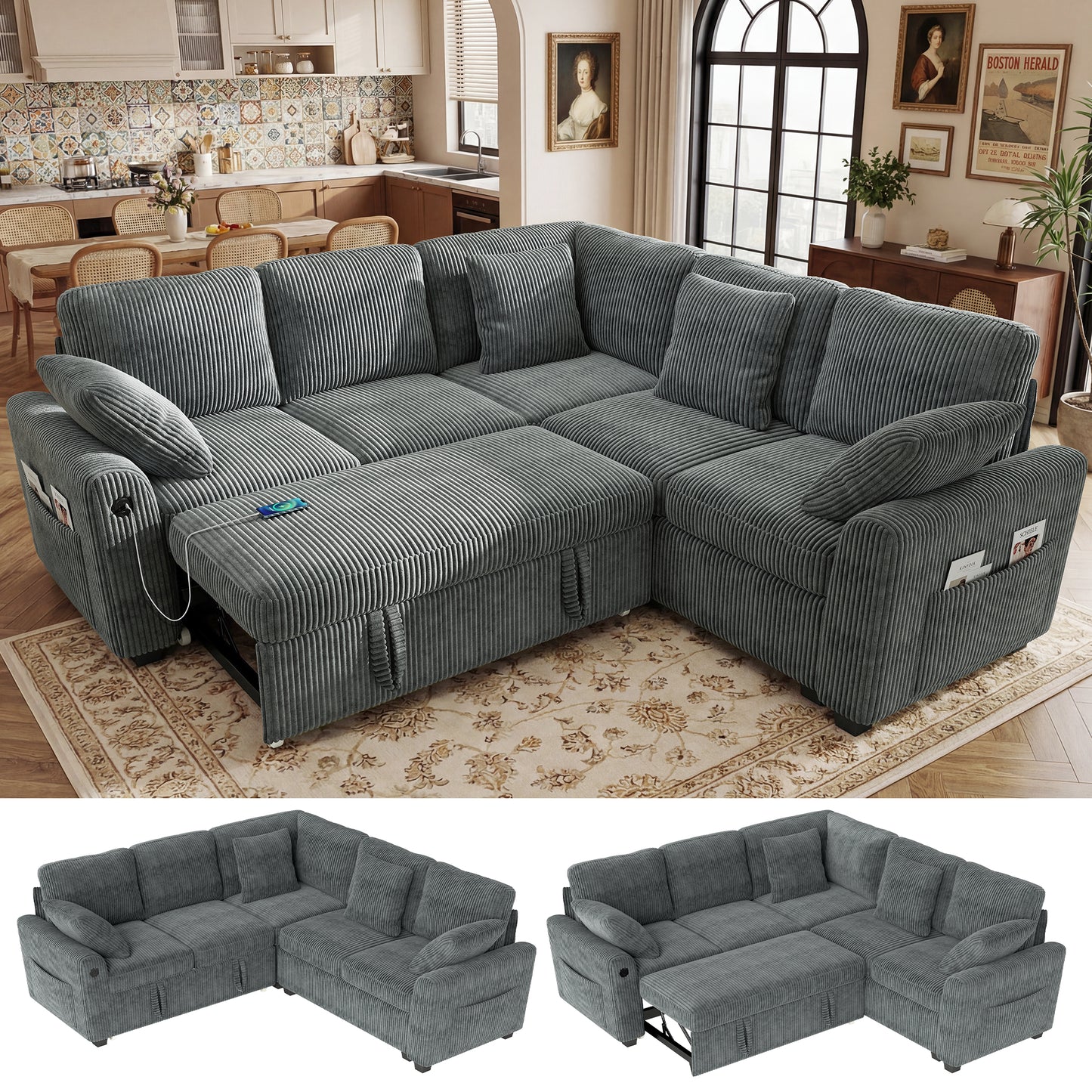 BedLuxury Modular Sectional Sleeper Sofa with Pull Out Bed, USB Charging, Couch for Living Room, Chenille