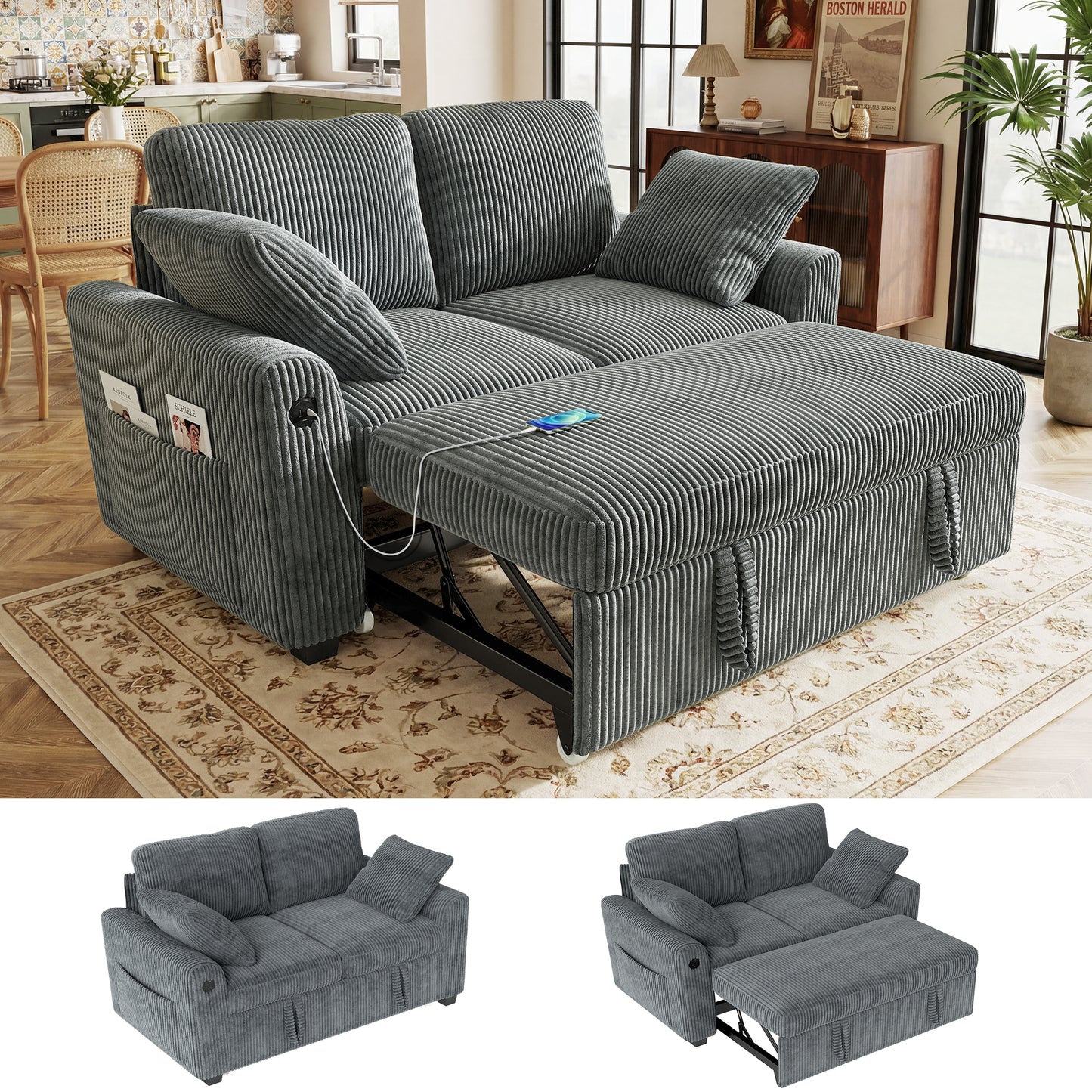 BedLuxury Modular Sectional Sleeper Sofa with Pull Out Bed, USB Charging, Couch for Living Room, Chenille