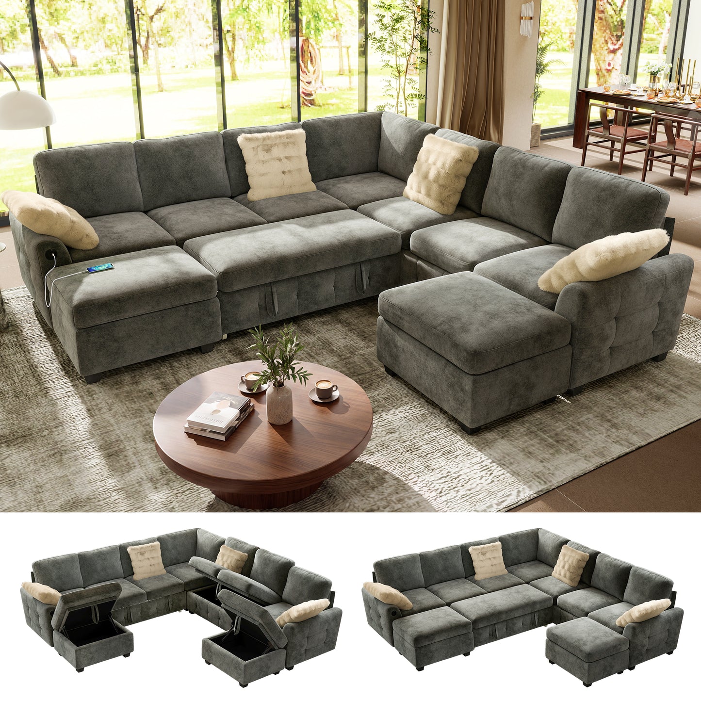 Sectional Sleeper Sofa with Pull Out Bed for Living Room