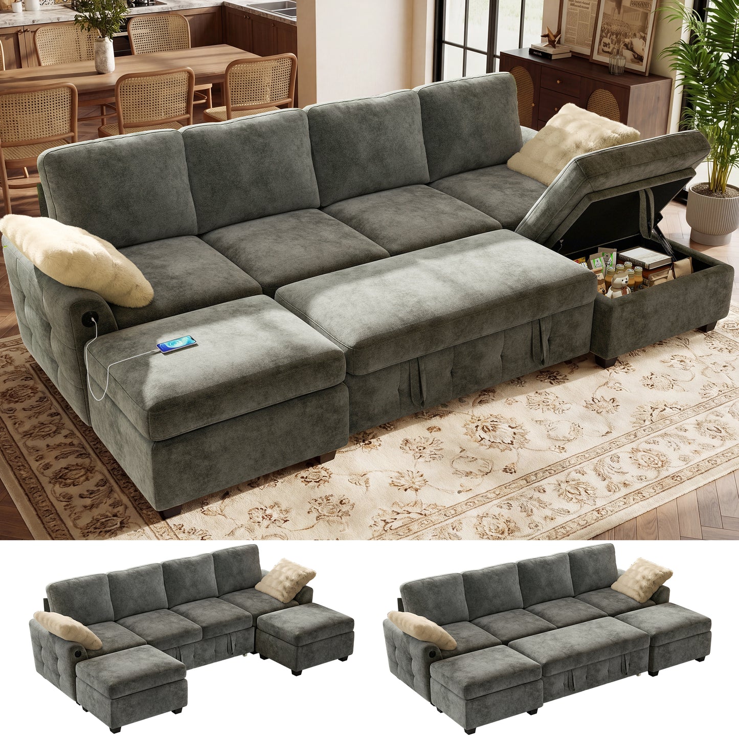BedLuxury Modular Sectional Sleeper Sofa with Pull Out Bed, USB Charging, Couch for Living Room, Chenille