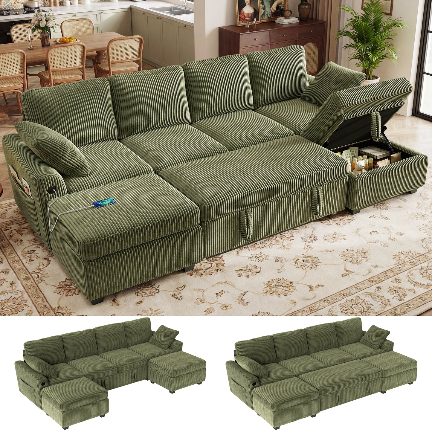 BedLuxury Modular Sectional Sleeper Sofa with Pull Out Bed, USB Charging, Couch for Living Room, Chenille