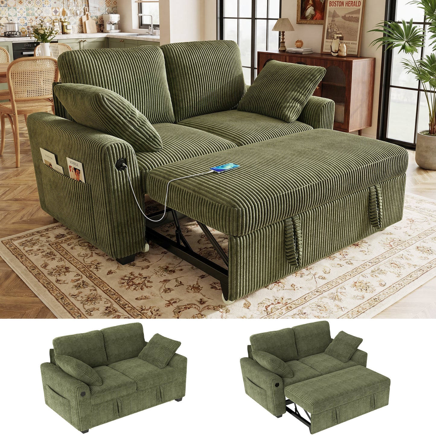 BedLuxury Modular Sectional Sleeper Sofa with Pull Out Bed, USB Charging, Couch for Living Room, Chenille