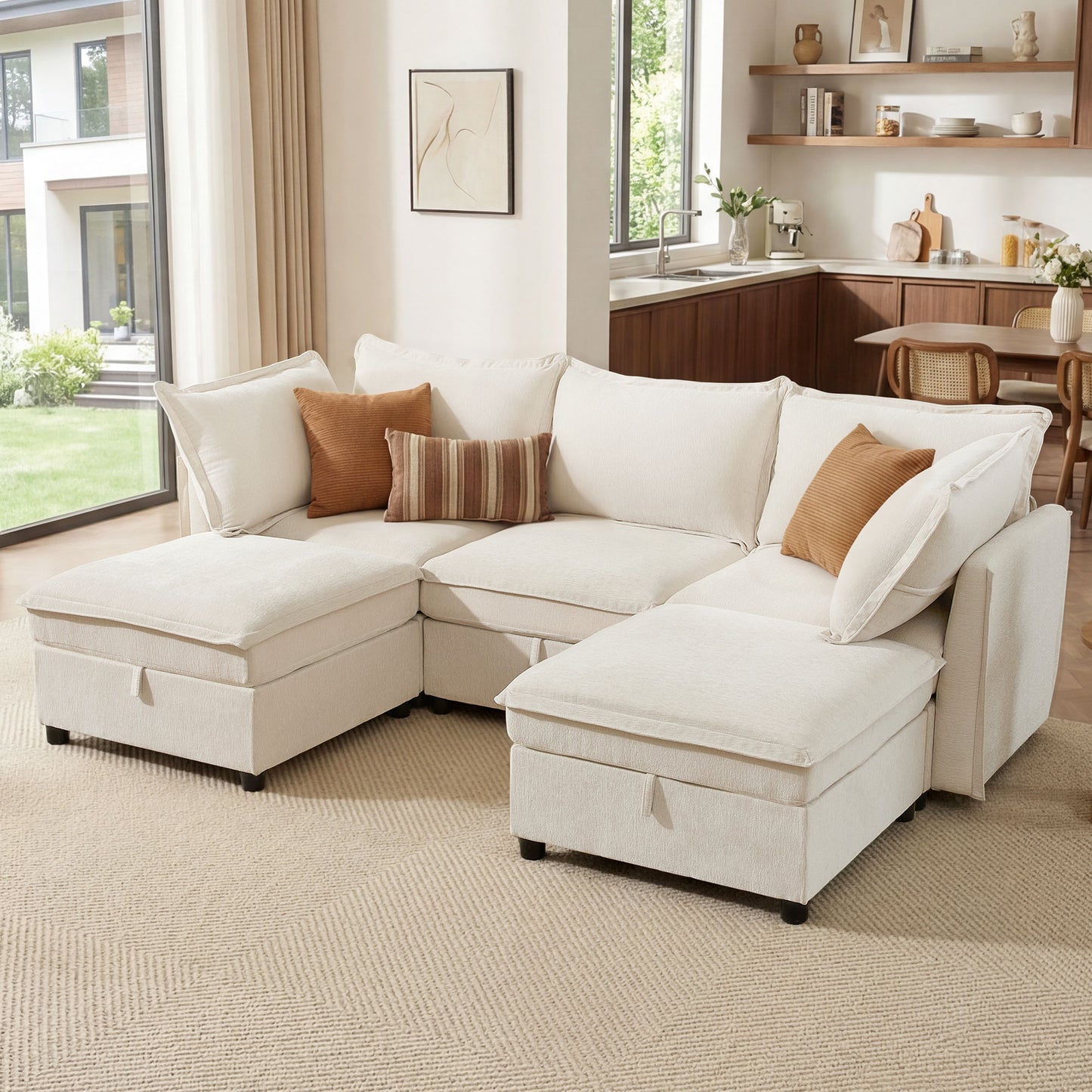 BedLuxury Modular Sectional Sofa with Storage, Modern Sofa Couch with Movable Ottoman for Living room, Office