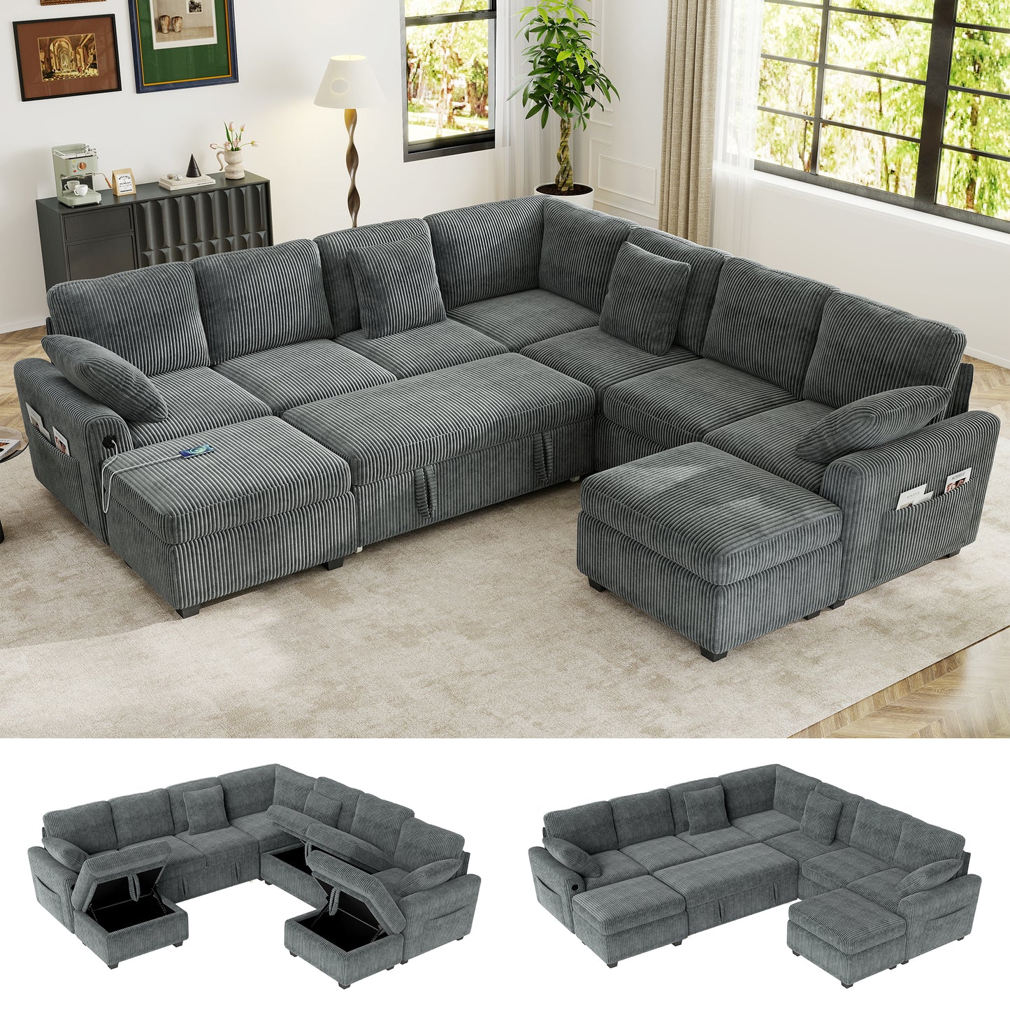 Sectional Sleeper Sofa with Pull Out Bed for Living Room