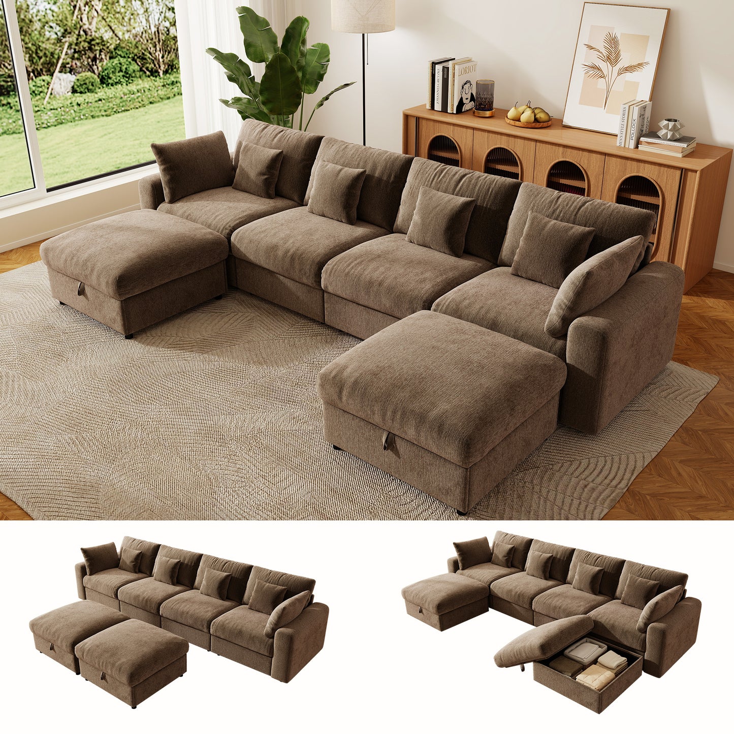 BedLuxury Large Modular Sectional Cloud Sofa with Removable Storage Ottoman, Extra Deep Seat Couch, Living Room Furniture