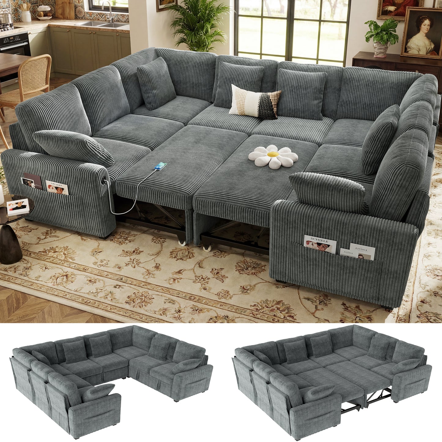 BedLuxury Modular Sectional Sleeper Sofa with Pull Out Bed, USB Charging, Couch for Living Room, Chenille