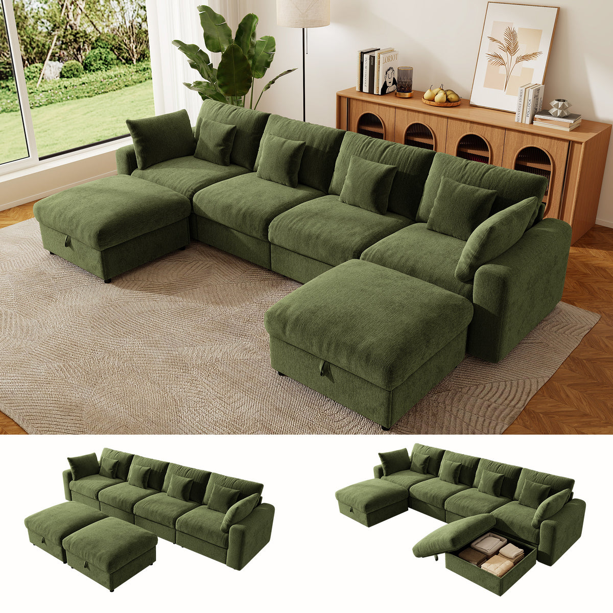 BedLuxury Large Modular Sectional Cloud Sofa with Removable Storage Ottoman, Extra Deep Seat Couch, Living Room Furniture