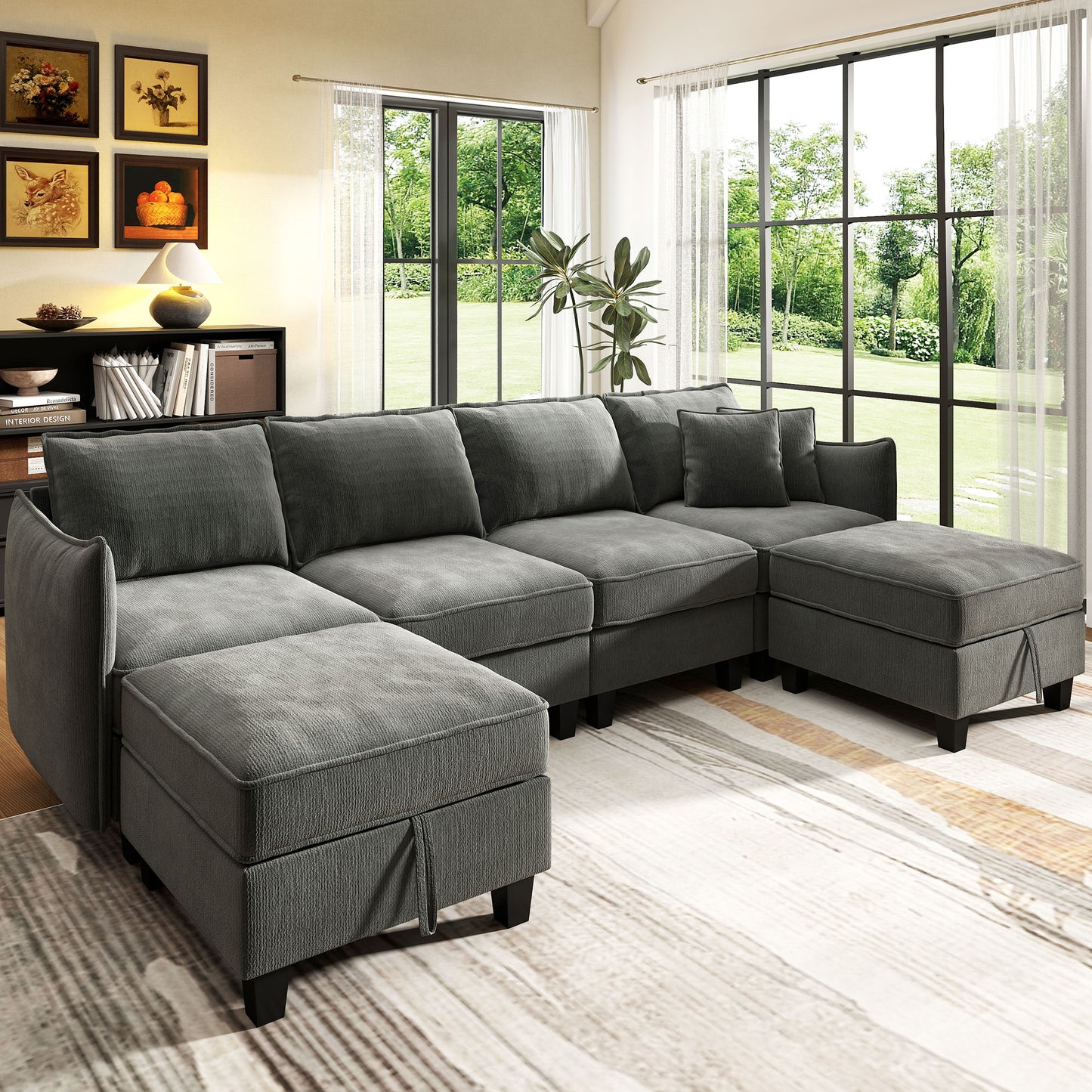 BedLuxury 84” Modular Sectional Sofa with Moveable Storage Ottoman, Cloud Couch Seats 4, Modern Living Room Furniture, Chenille Black
