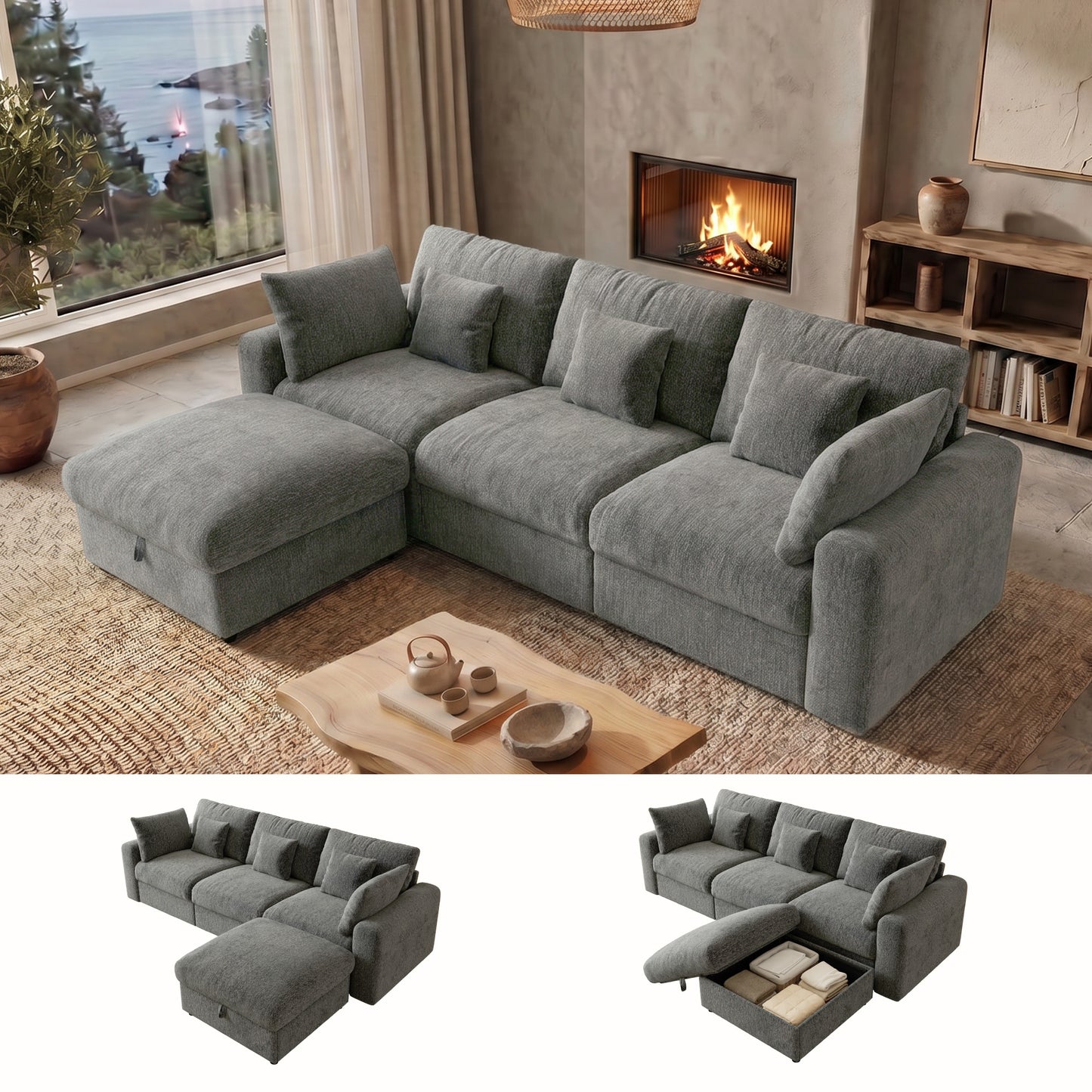 BedLuxury Large Modular Sectional Sofa with Removable Storage Ottoman, Extra Deep Seat Cloud Couch for Living Room, Chenille