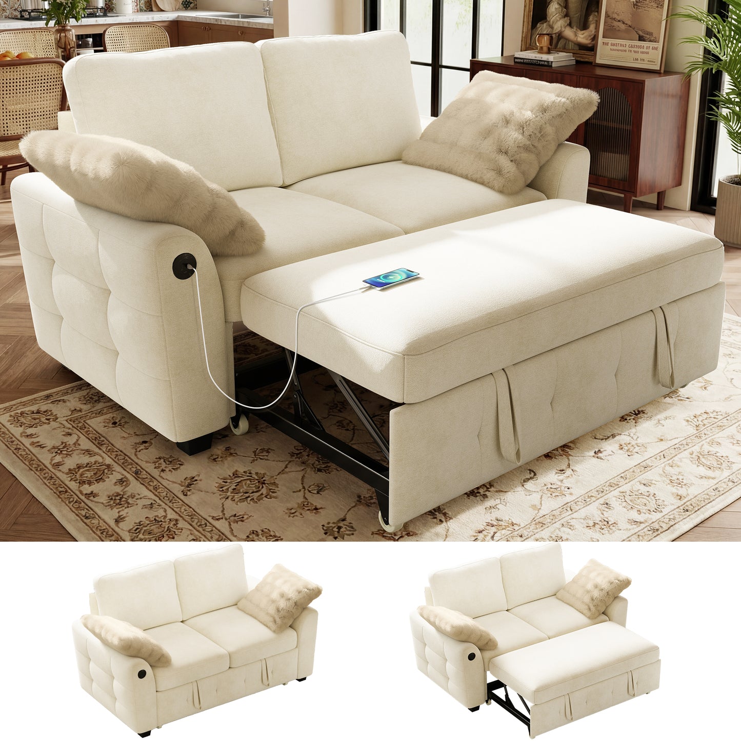 BedLuxury Modular Sectional Sleeper Sofa with Pull Out Bed, USB Charging, Couch for Living Room, Chenille