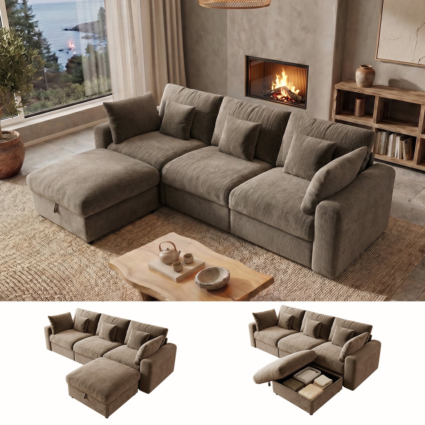 BedLuxury Large Modular Sectional Sofa with Removable Storage Ottoman, Extra Deep Seat Cloud Couch for Living Room, Chenille