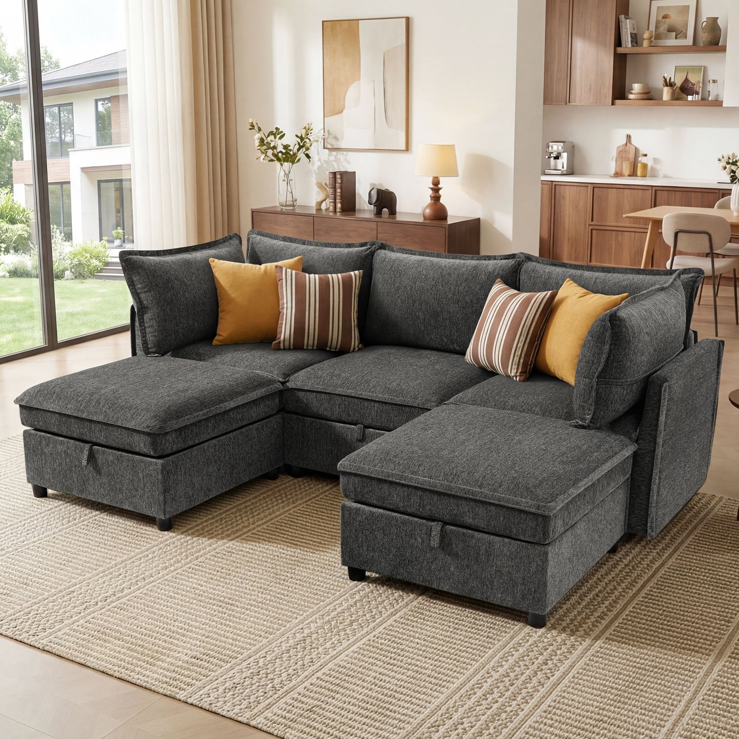 BedLuxury Modular Sectional Sofa with Storage, Modern Sofa Couch with Movable Ottoman for Living room, Office