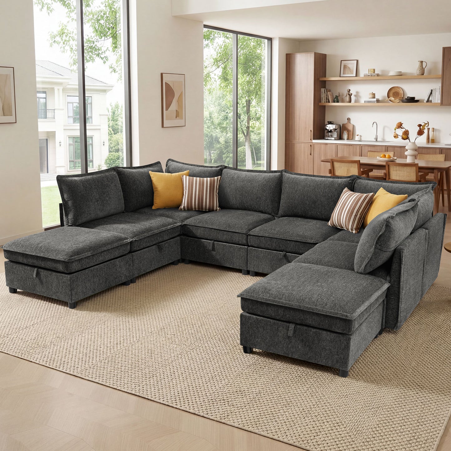 BedLuxury Modular Sectional Sofa with Storage, Modern Sofa Couch with Movable Ottoman for Living room, Office