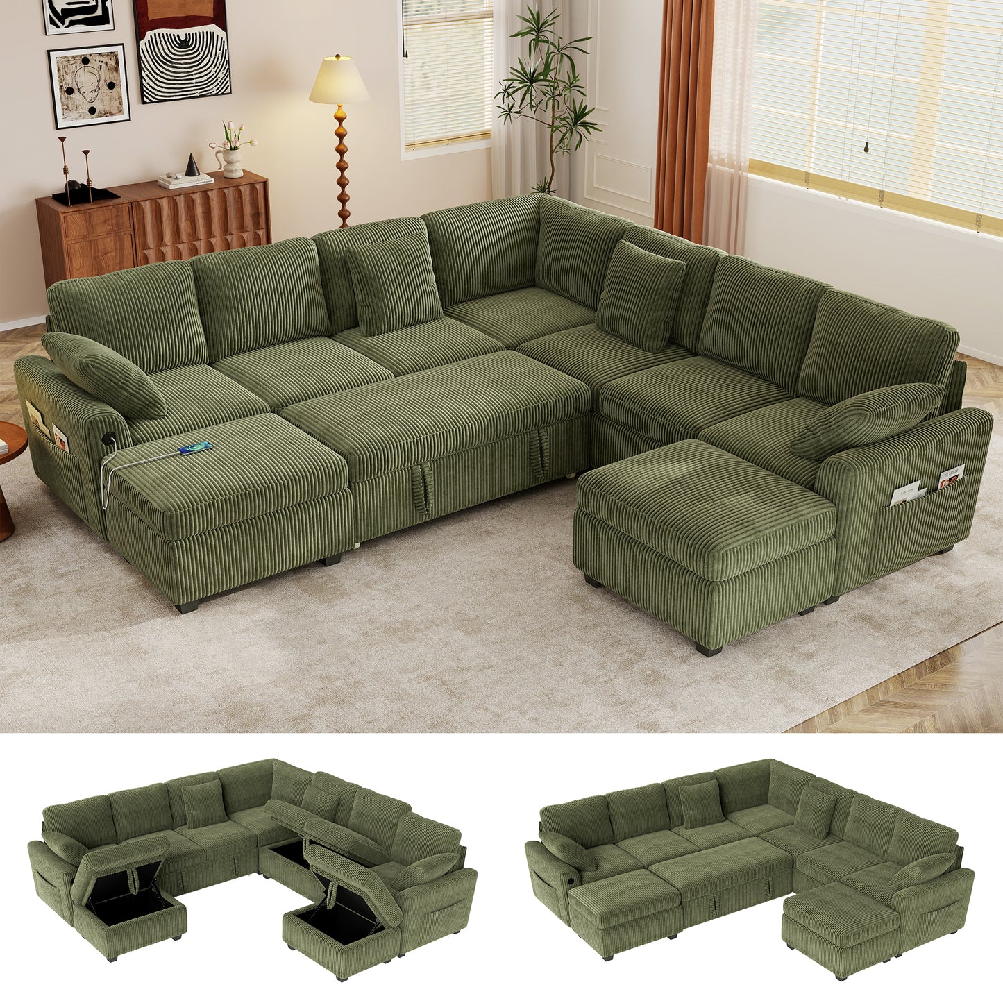 Sectional Sleeper Sofa with Pull Out Bed for Living Room