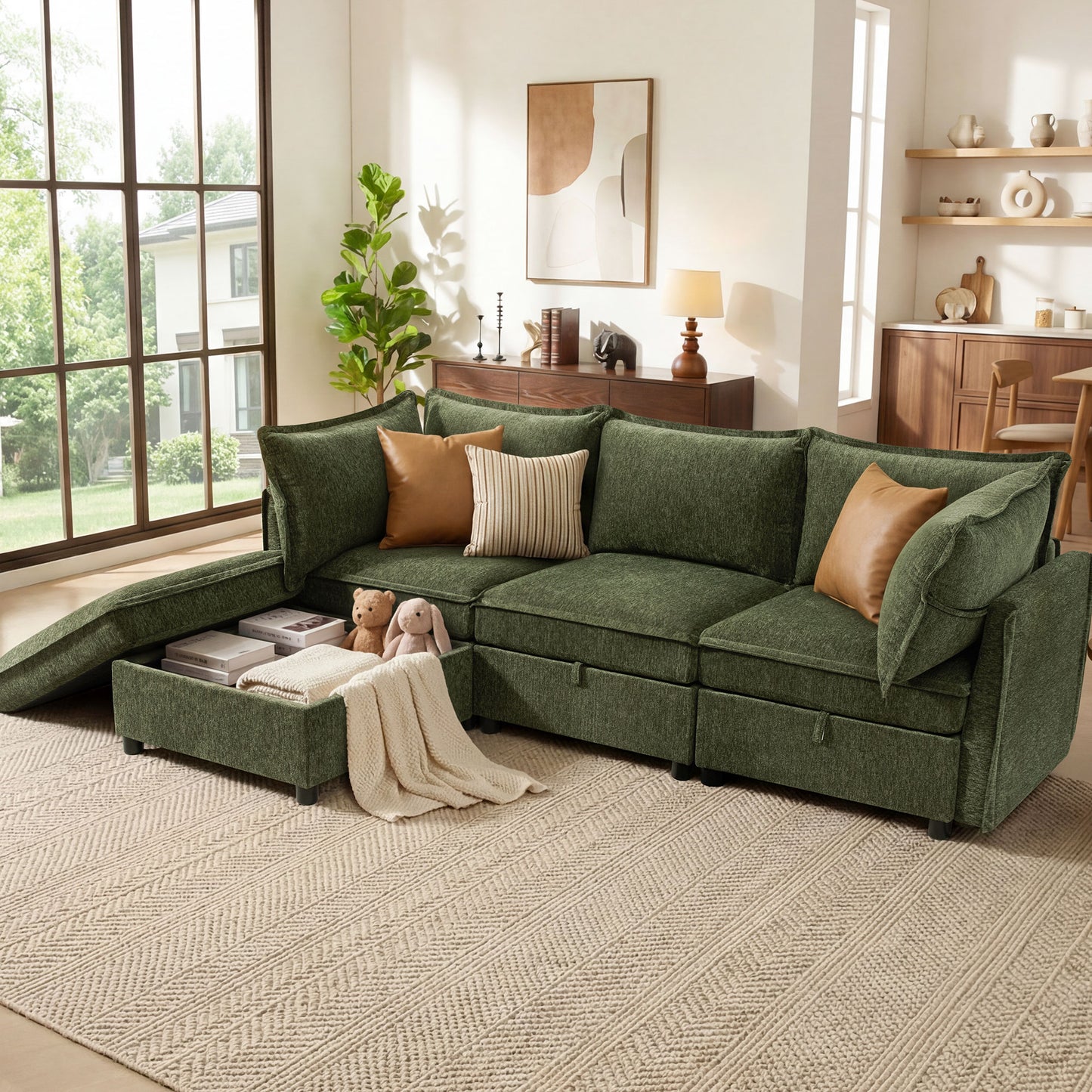 BedLuxury Modular Sectional Sofa with Storage, Modern Sofa Couch with Movable Ottoman for Living room, Office