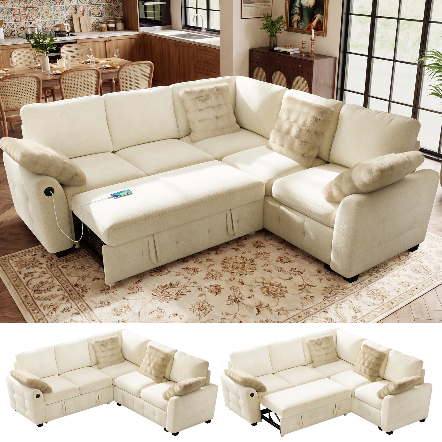 BedLuxury Modular Sectional Sleeper Sofa with Pull Out Bed, USB Charging, Couch for Living Room, Chenille