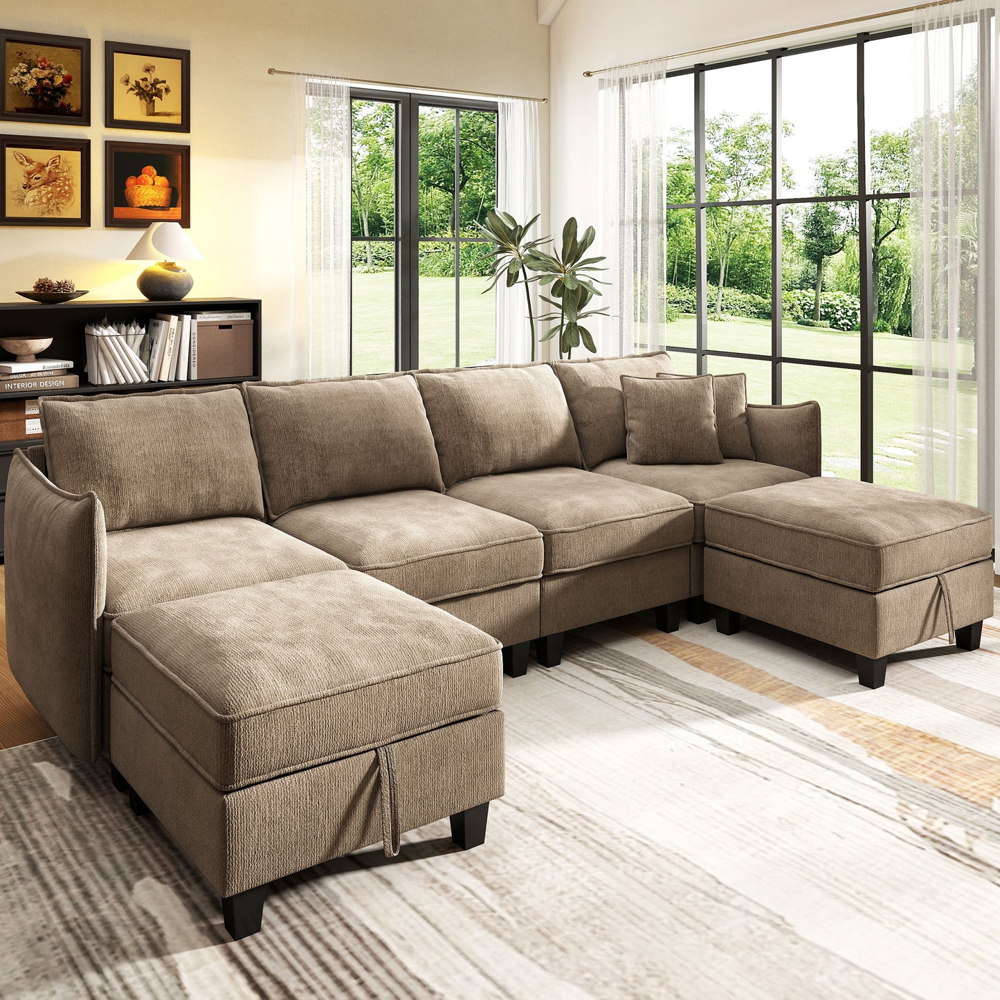 BedLuxury 84” Modular Sectional Sofa with Moveable Storage Ottoman, Cloud Couch Seats 4, Modern Living Room Furniture, Chenille Black