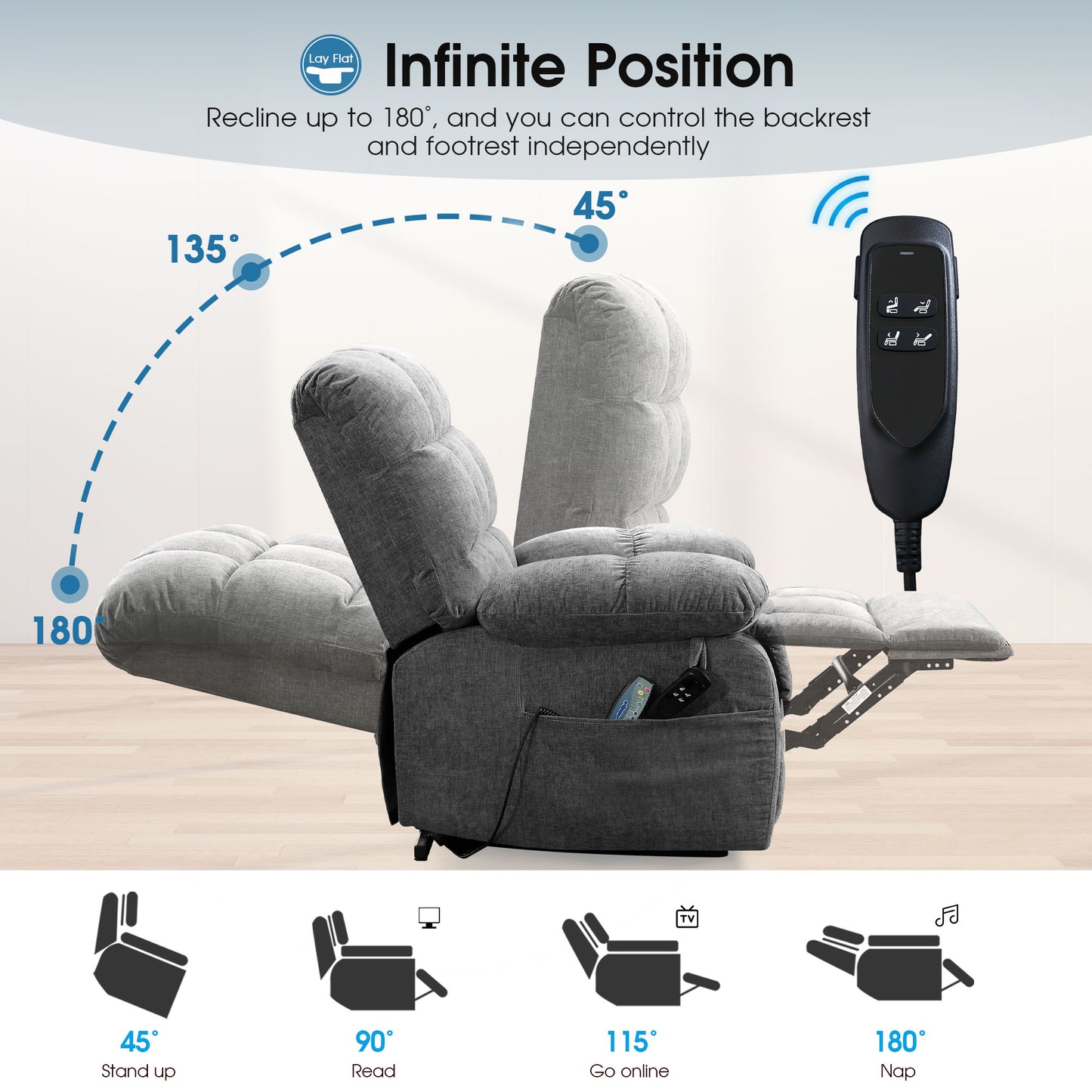 Lay Flat Recliner Power Lift Chair for Elderly with Massage and Heat,Dual Motor Big and Tall Recliner for Living Room with Side Pockets,Infinite Position