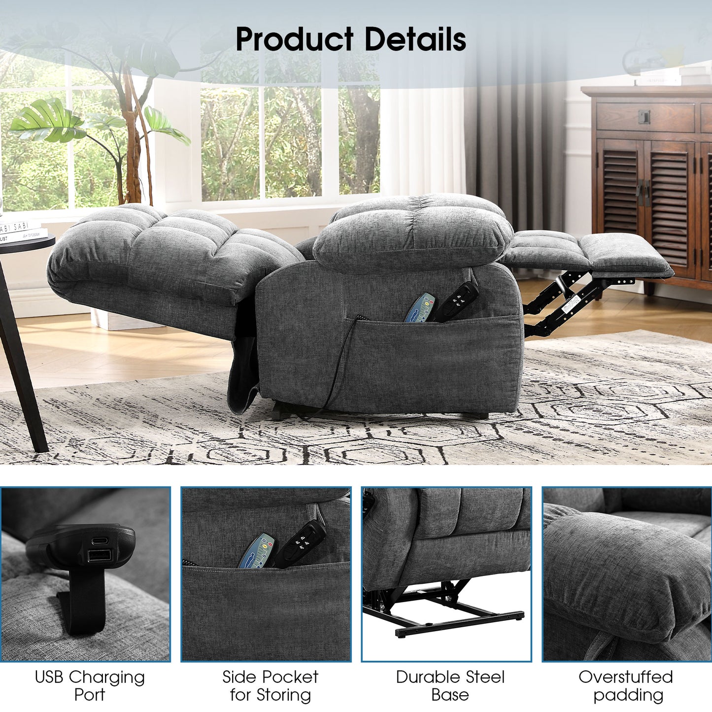Lay Flat Recliner Power Lift Chair for Elderly with Massage and Heat,Dual Motor Big and Tall Recliner for Living Room with Side Pockets,Infinite Position