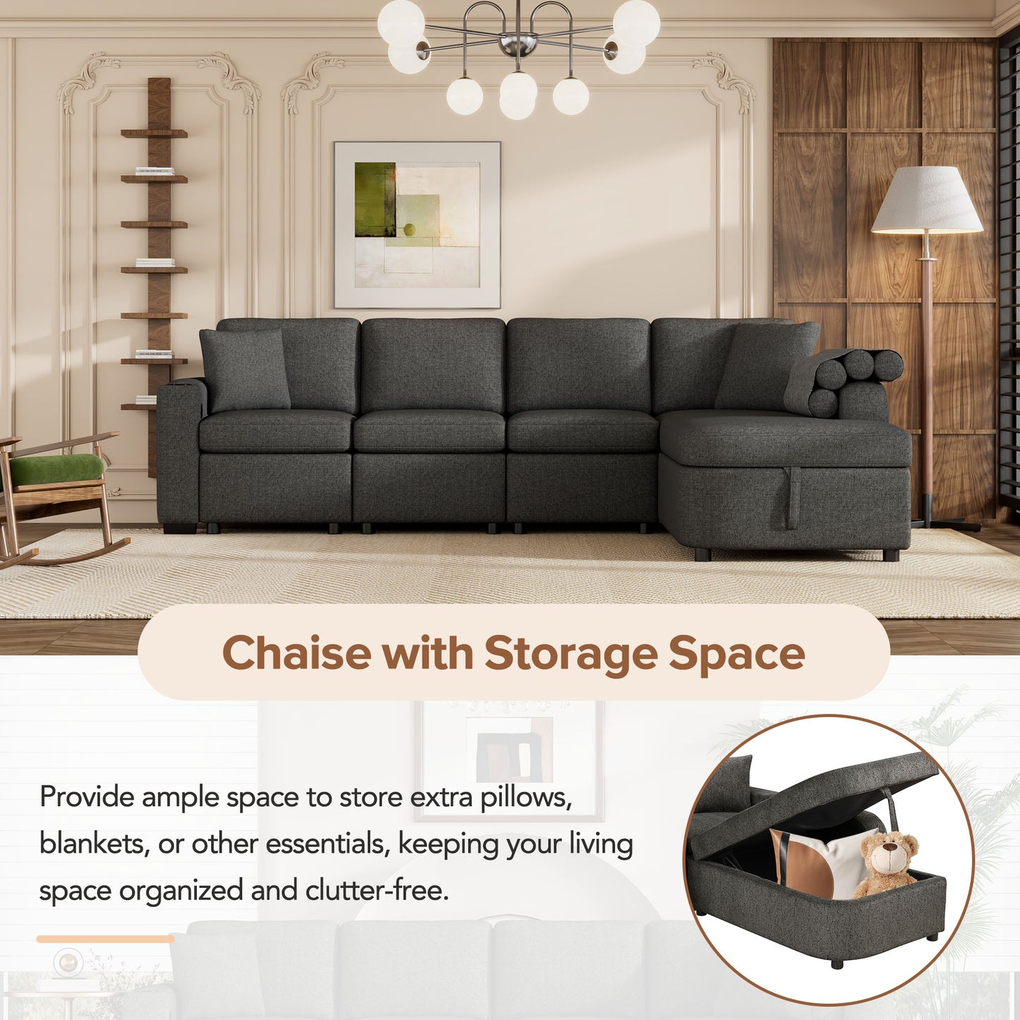 110’’ L-Shape Convertible Sectional Couches with Storage Chaise