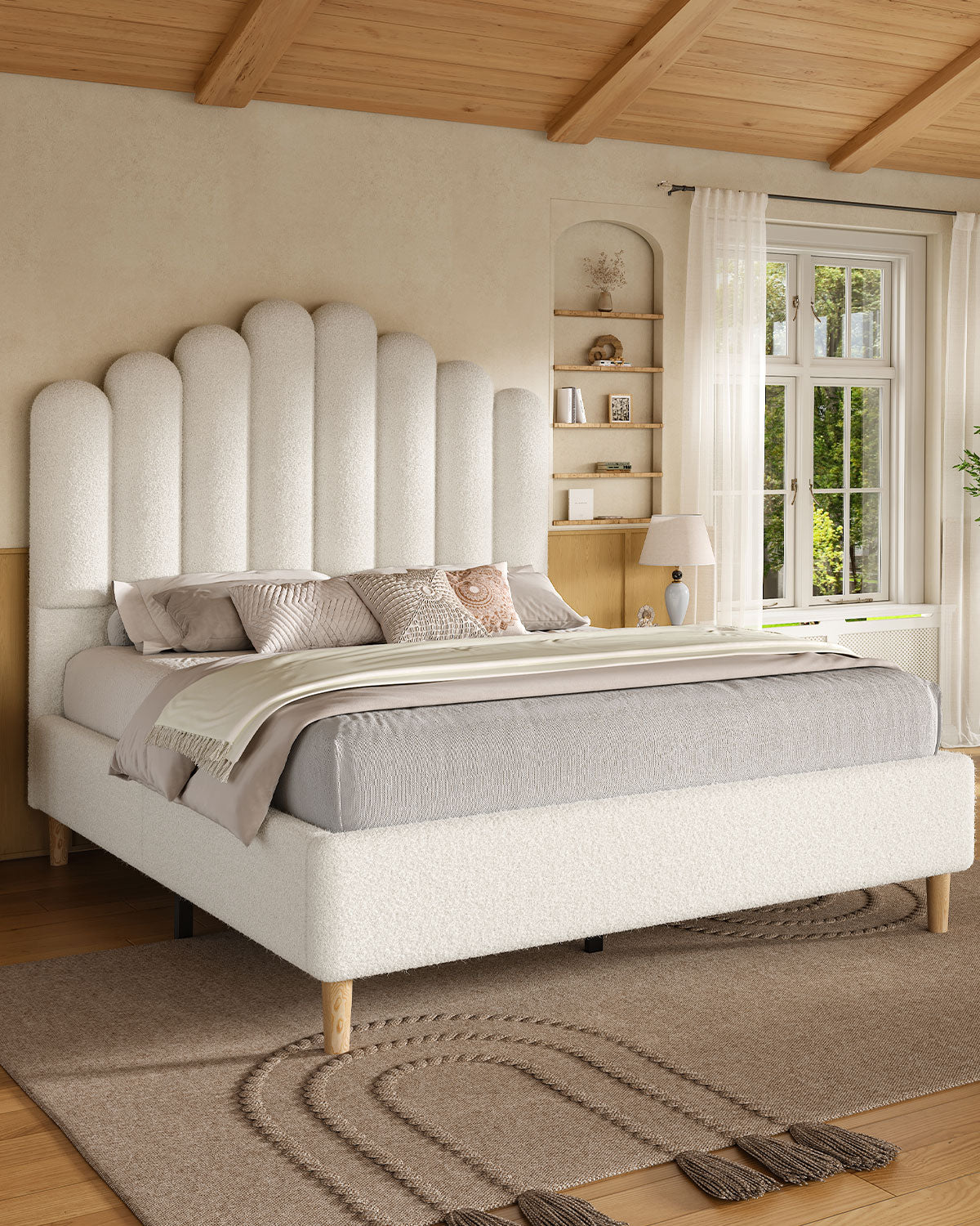 BedLuxury Platform Bed Frame with Extra Tall Upholstered Boucle Fabric Headboard, White