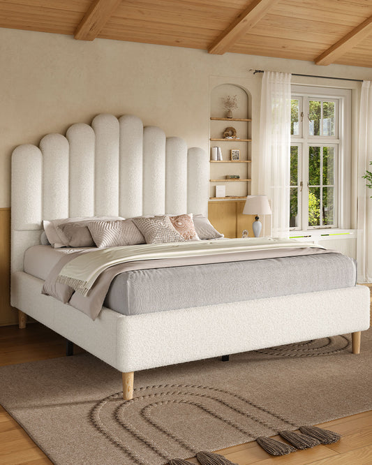 BedLuxury Platform Bed Frame with Extra Tall Upholstered Boucle Fabric Headboard, White