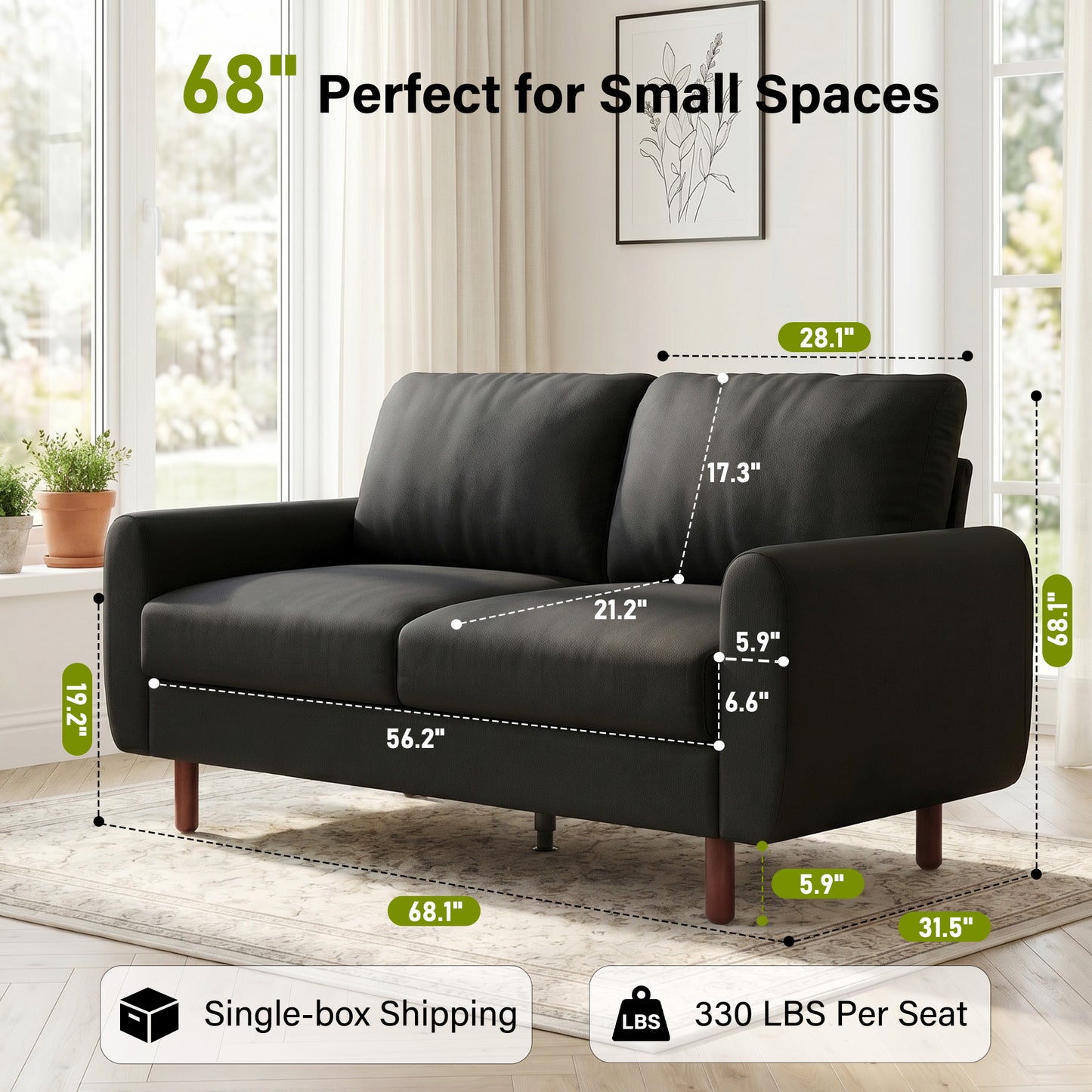 68” Studio Loveseat Couch with Wide Armrests, Modern Small Sofa with Wood Legs for Small Space and Living Room
