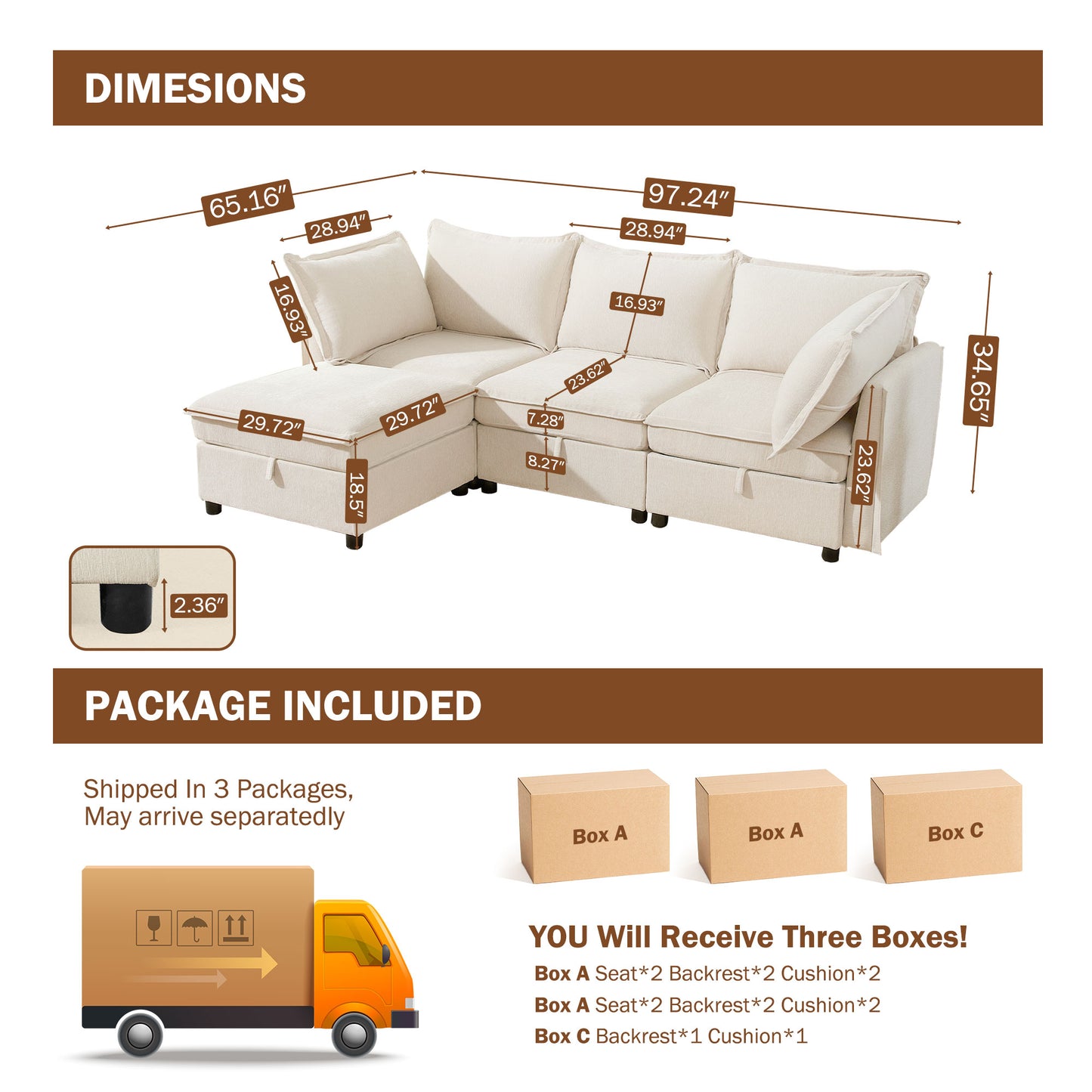 BedLuxury Modular Sectional Sofa with Storage, Modern Sofa Couch with Movable Ottoman for Living room, Office