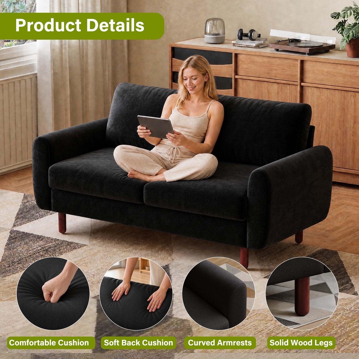 68” Studio Loveseat Couch with Wide Armrests, Modern Small Sofa with Wood Legs for Small Space and Living Room