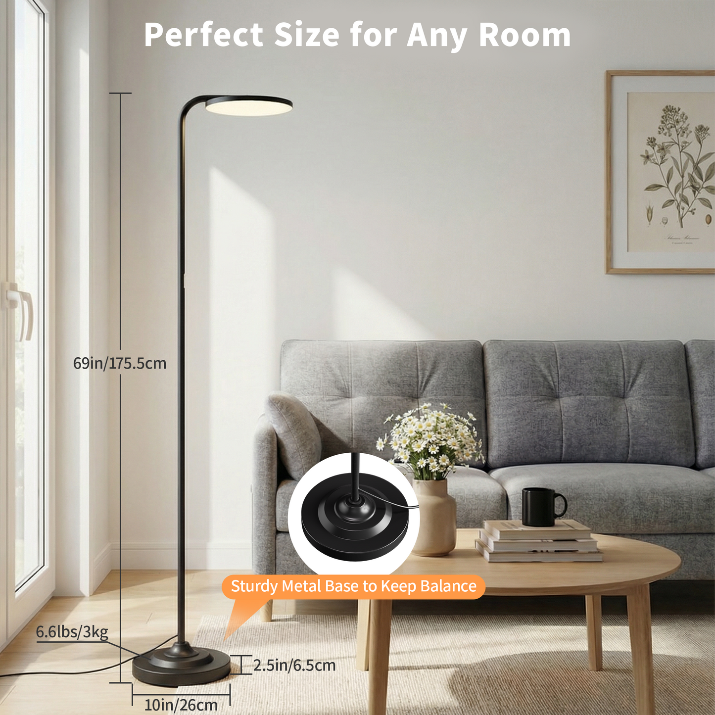 BedLuxuy 36W Super Bright Standing Lamp, Stepless Dimmable Torchiere Tall Floor Lamp with Remote Control for Living Room, Bedroom, Office