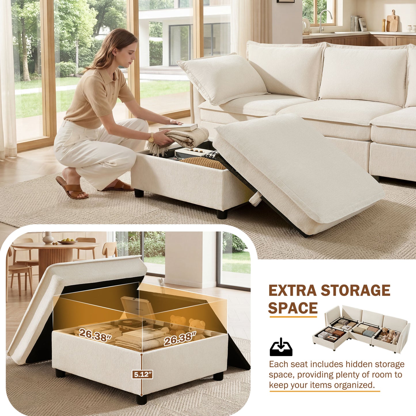 BedLuxury Modular Sectional Sofa with Storage, Modern Sofa Couch with Movable Ottoman for Living room, Office