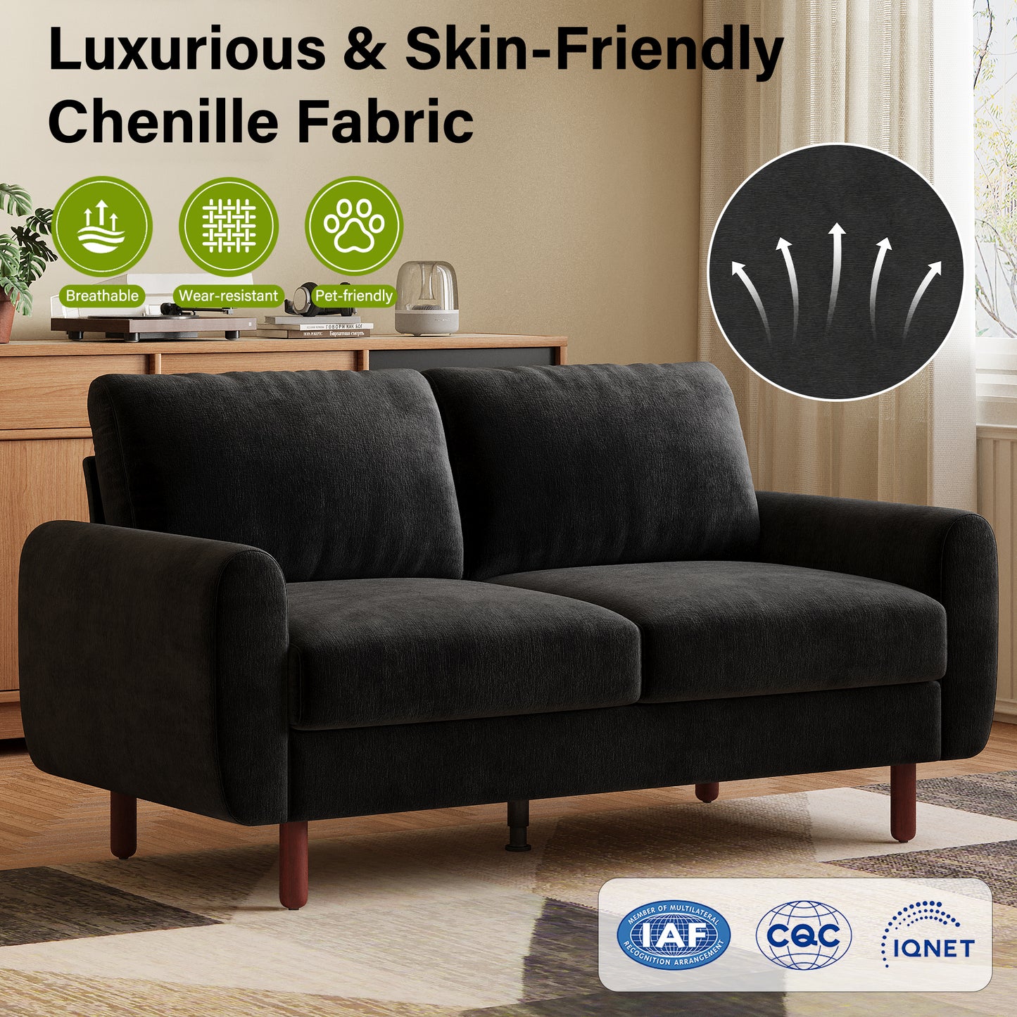68” Studio Loveseat Couch with Wide Armrests, Modern Small Sofa with Wood Legs for Small Space and Living Room