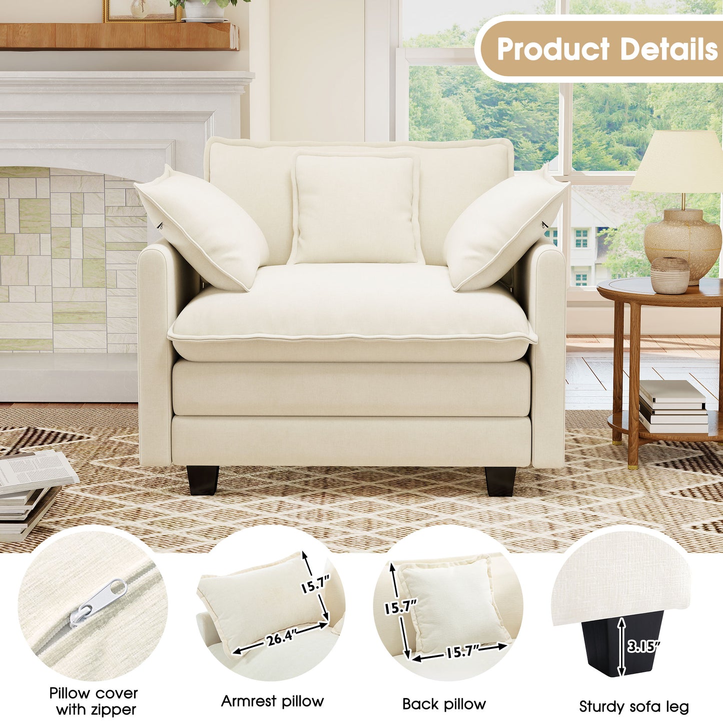 BedLuxury 41.8” Oversized Accent Chair, Chenille Cloud Armchair for Living Room