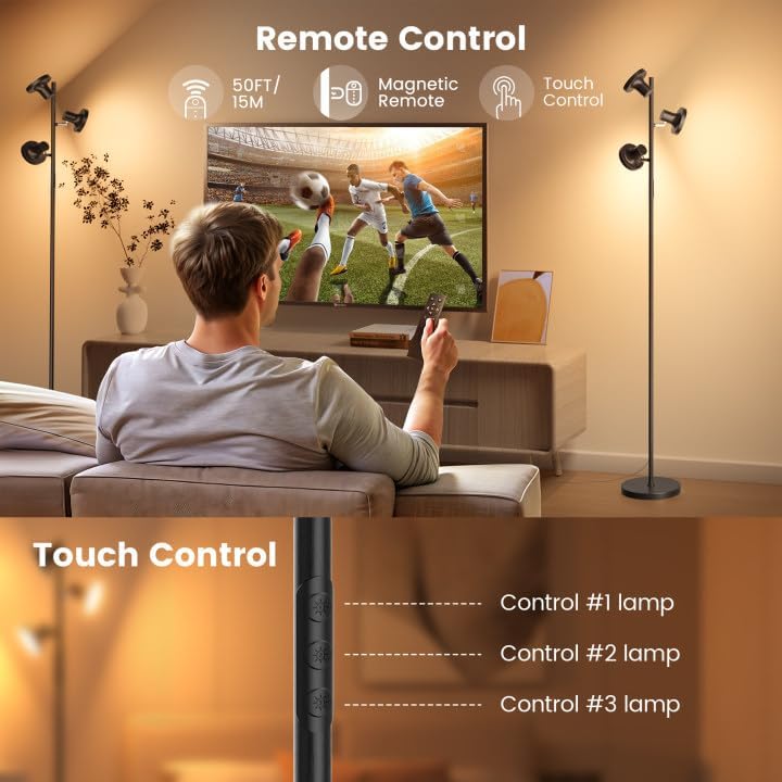BedLuxury 67” 36W Tree Floor Lamp with Remote & Touch Control, 3 Lights Modern Dimmable Standing Lamp for Living Room, Bedroom, 4 Color Temperatures