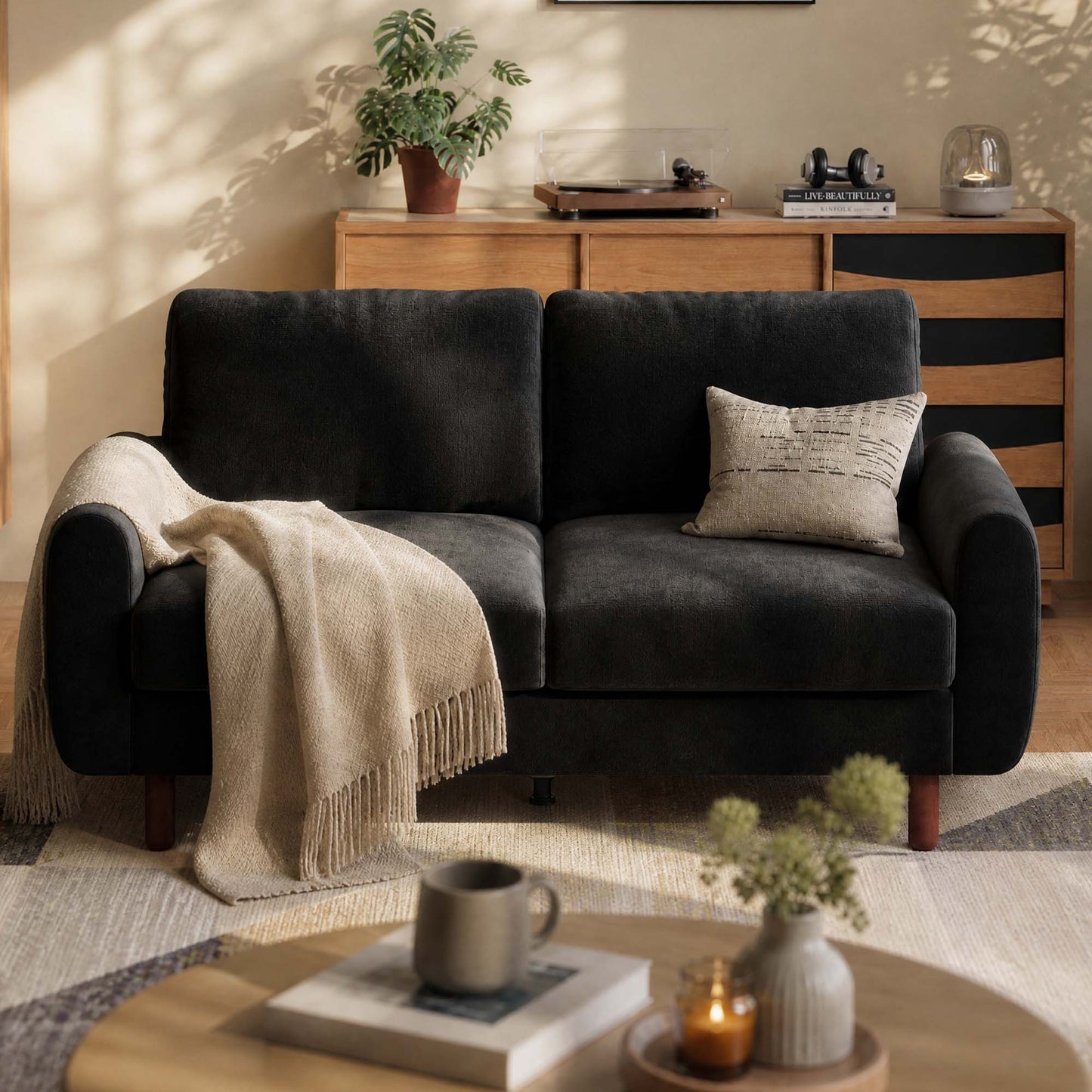68” Studio Loveseat Couch with Wide Armrests, Modern Small Sofa with Wood Legs for Small Space and Living Room