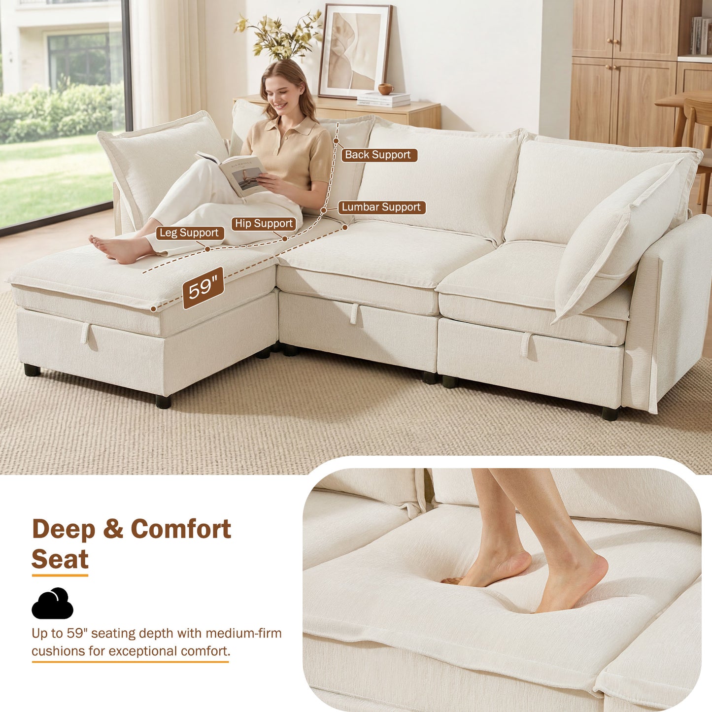 BedLuxury Modular Sectional Sofa with Storage, Modern Sofa Couch with Movable Ottoman for Living room, Office