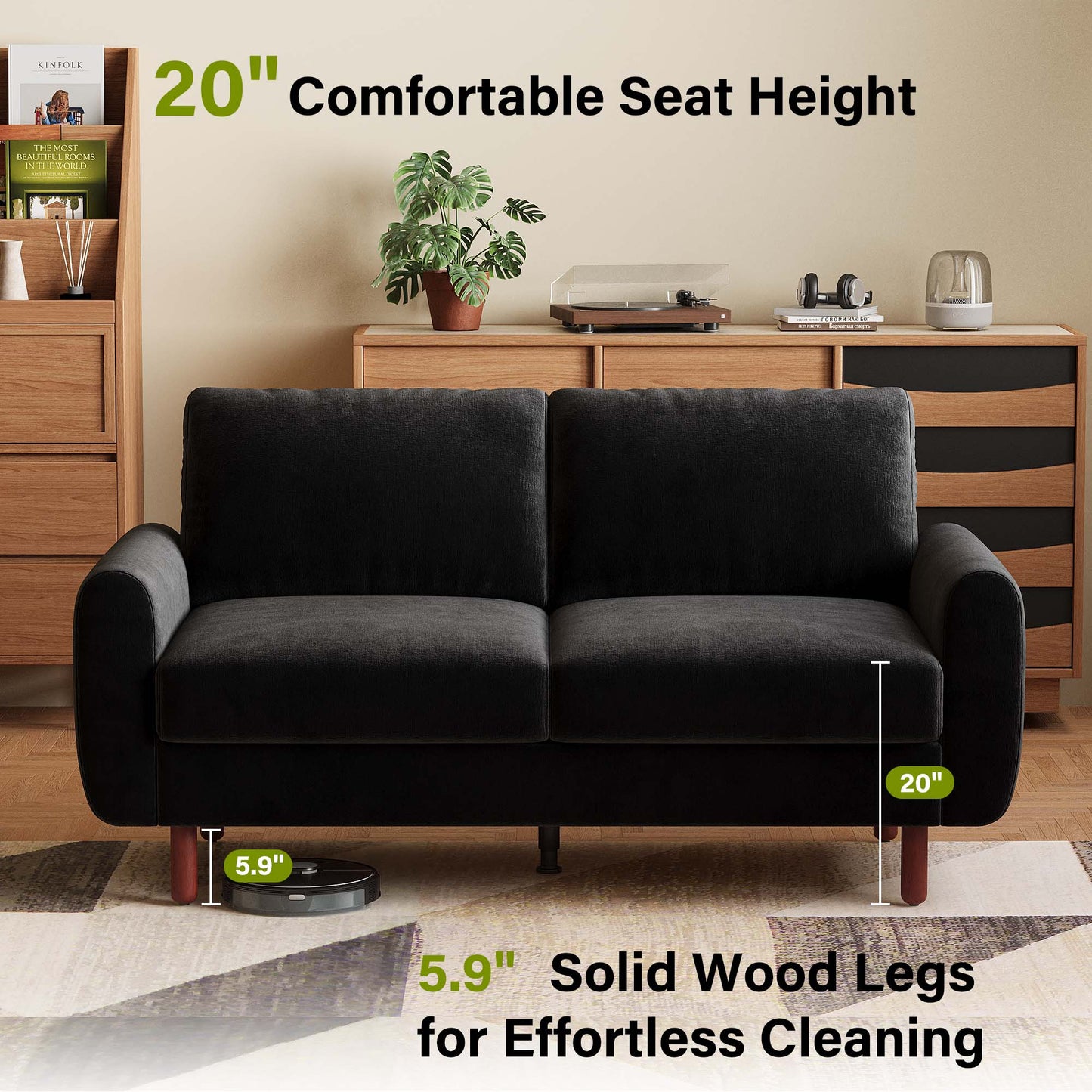 68” Studio Loveseat Couch with Wide Armrests, Modern Small Sofa with Wood Legs for Small Space and Living Room