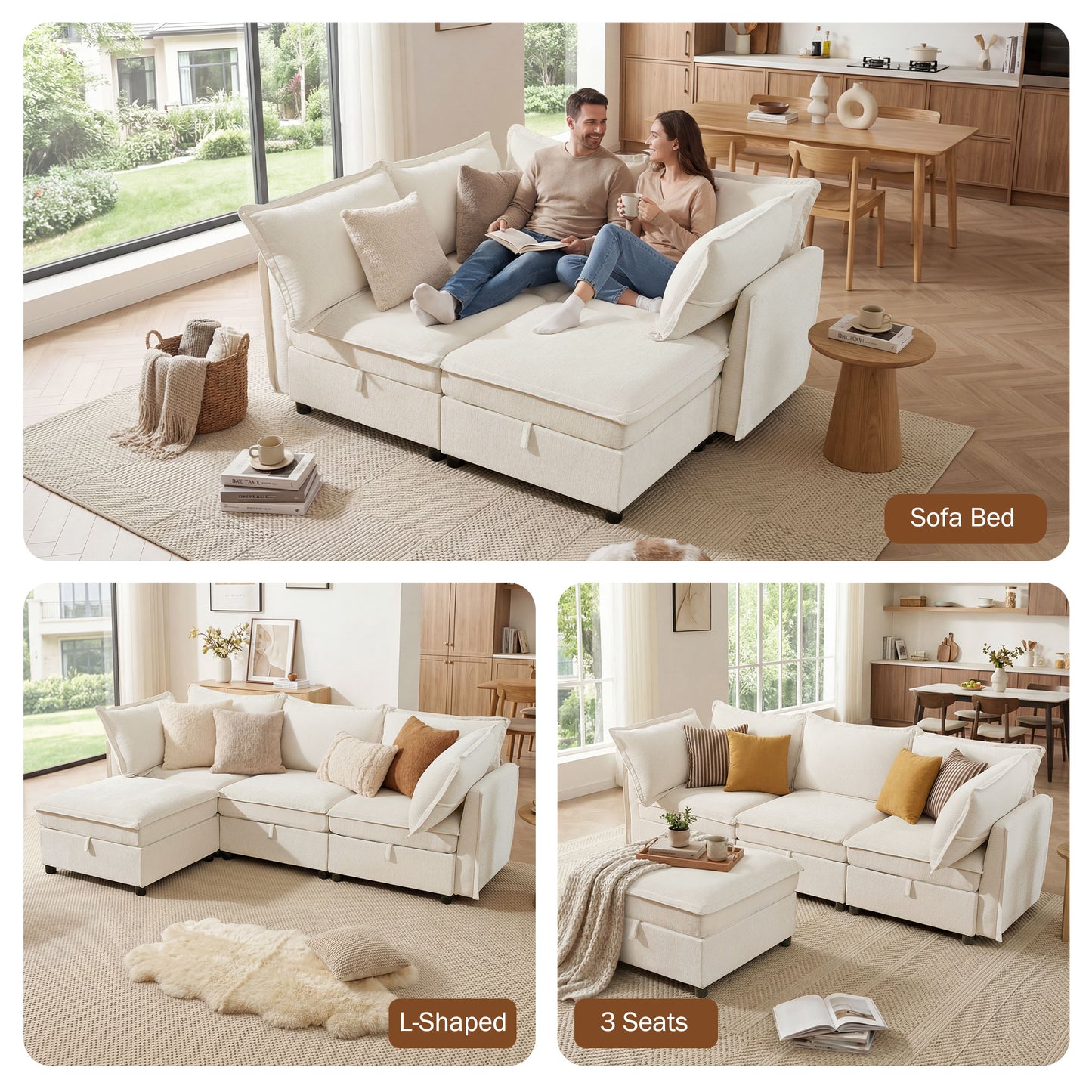 BedLuxury Modular Sectional Sofa with Storage, Modern Sofa Couch with Movable Ottoman for Living room, Office
