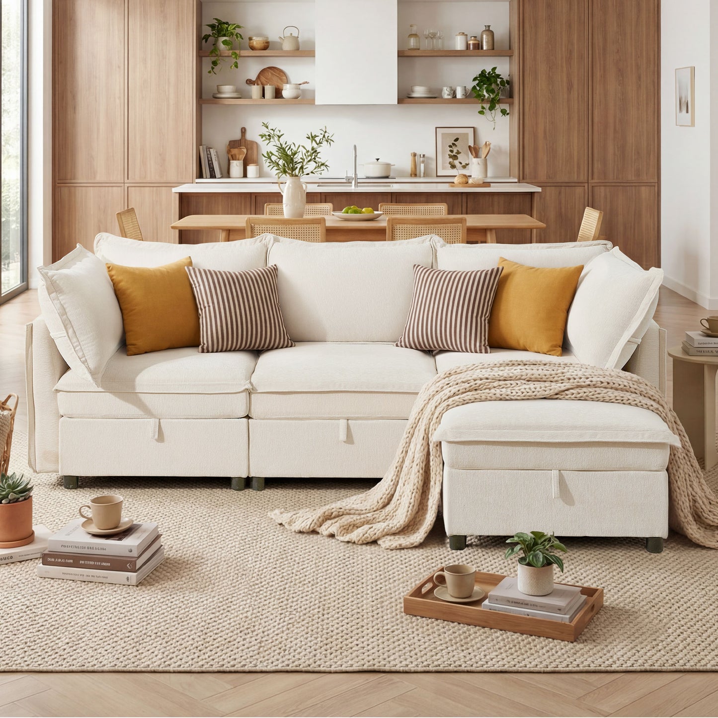 BedLuxury Modular Sectional Sofa with Storage, Modern Sofa Couch with Movable Ottoman for Living room, Office